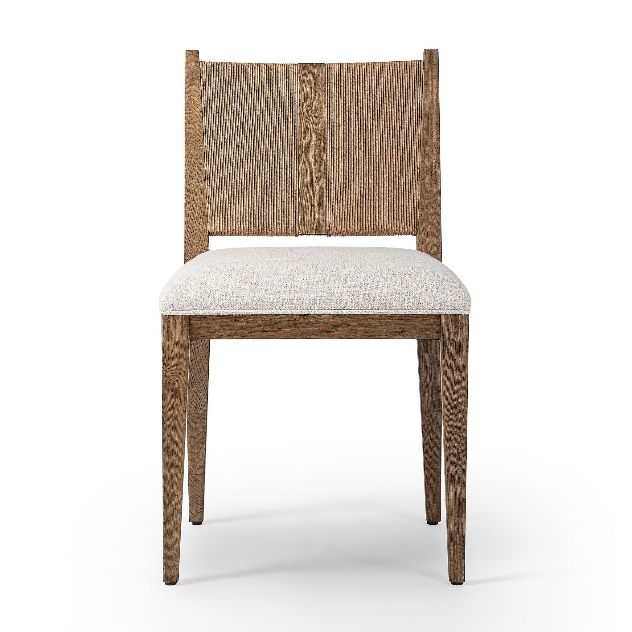 Wooden dining chair with a woven backrest and white cushion on a white background. | S.W. Home