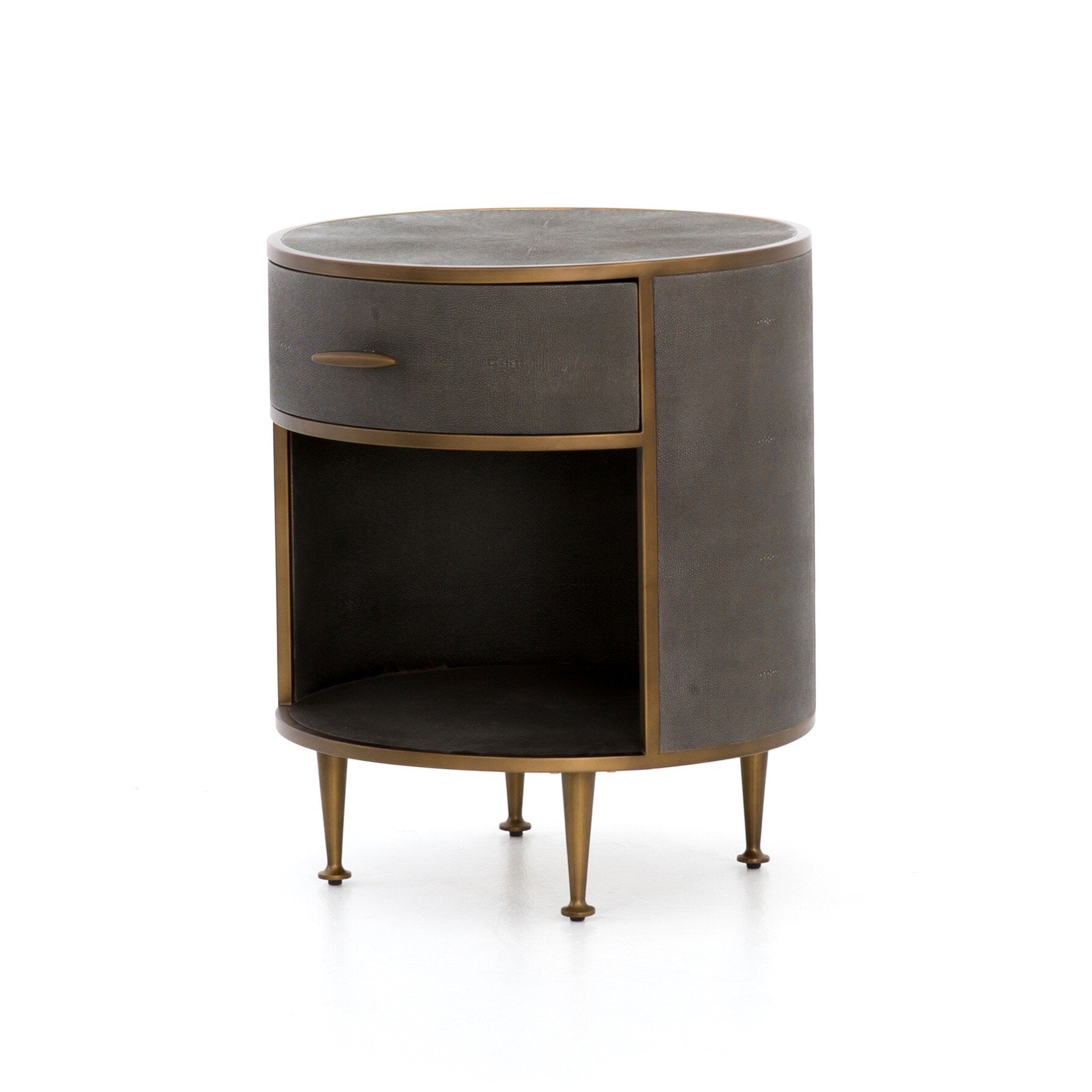 Round side table with a drawer and brass legs on a white background. | S.W. Home