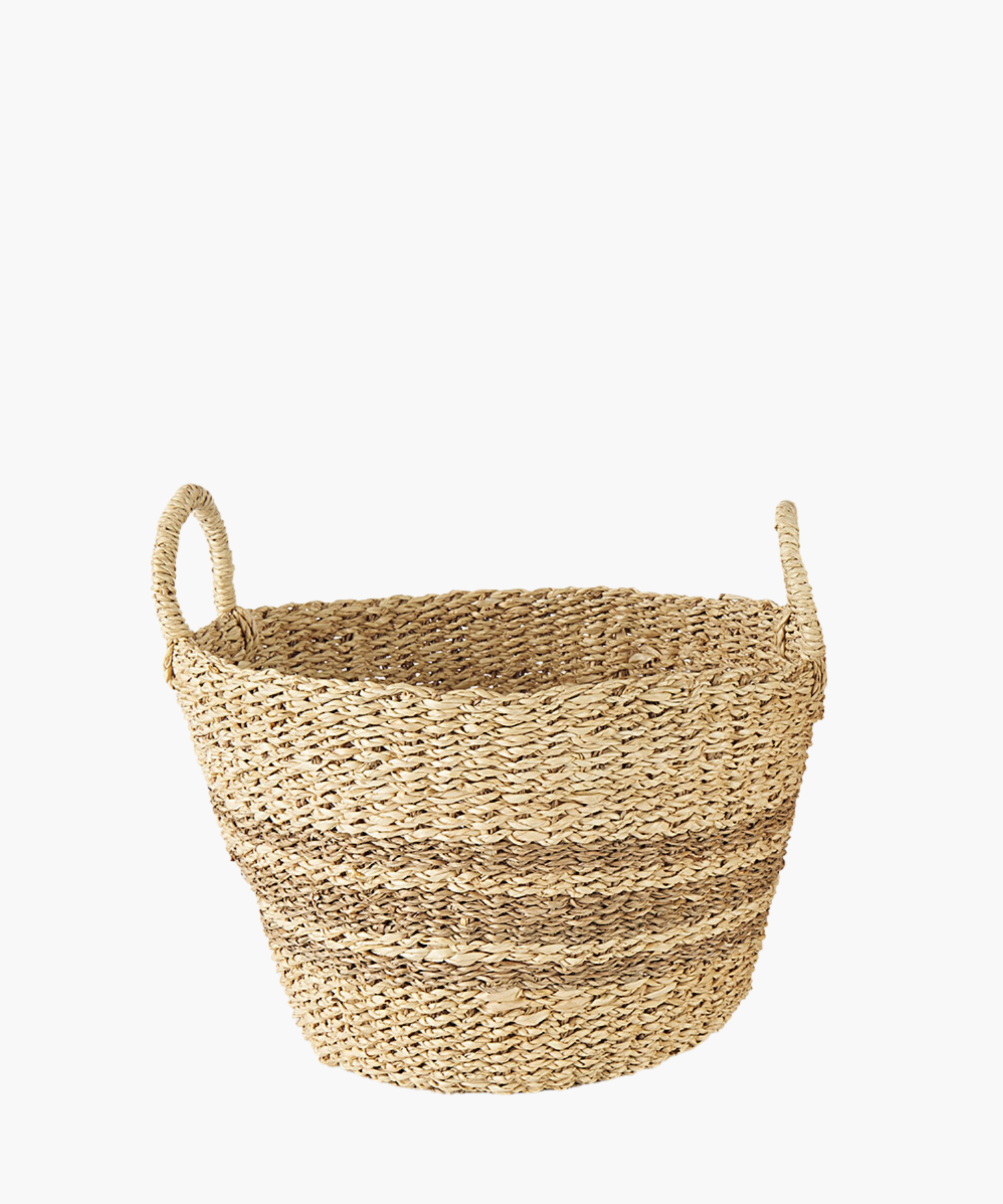 Small woven seagrass basket in a natural and brown tone with two loop handles and subtle striped accents. The basket has a simple, rustic design, featuring a slightly flared rim. 