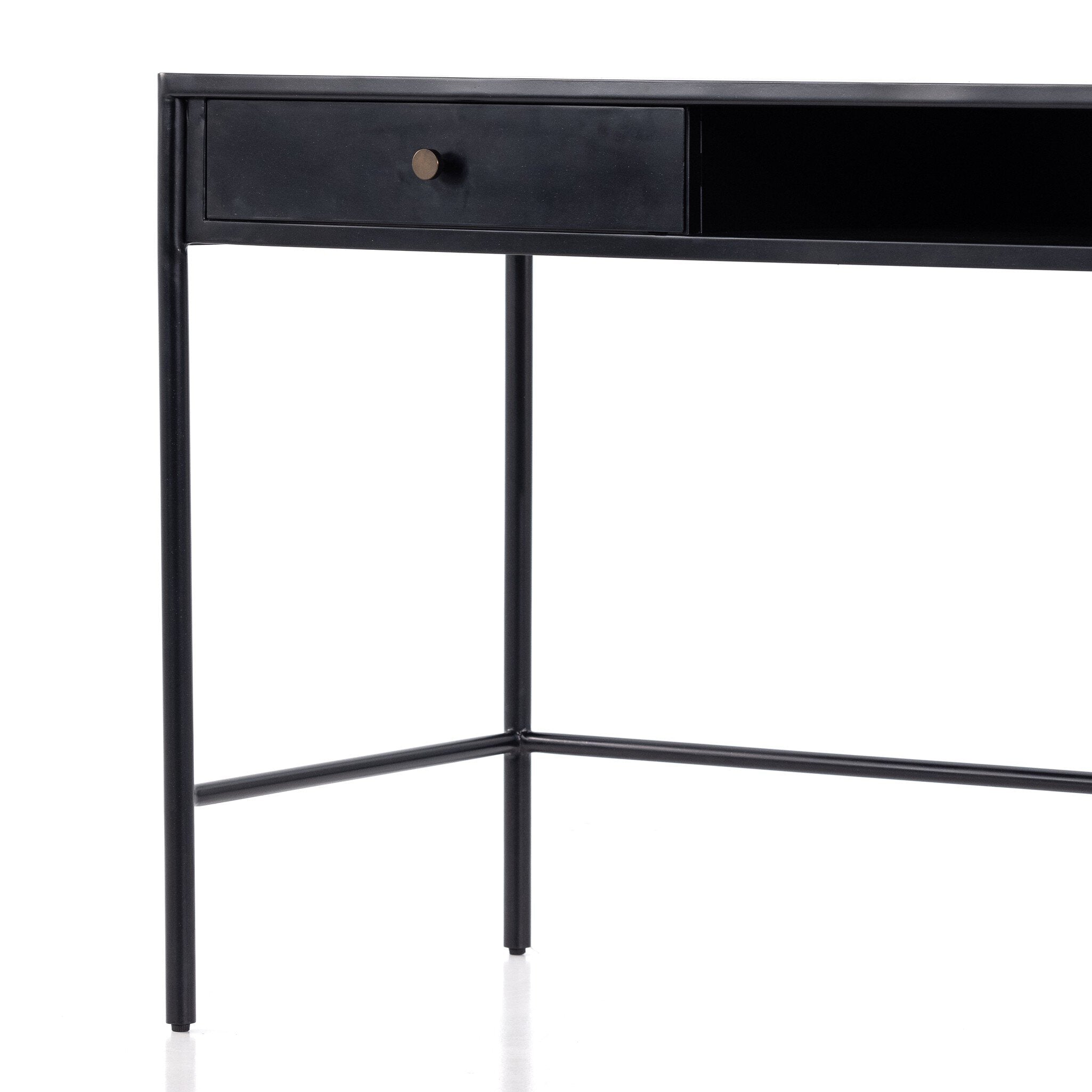 Close up of a black desk with two drawers on a white background.