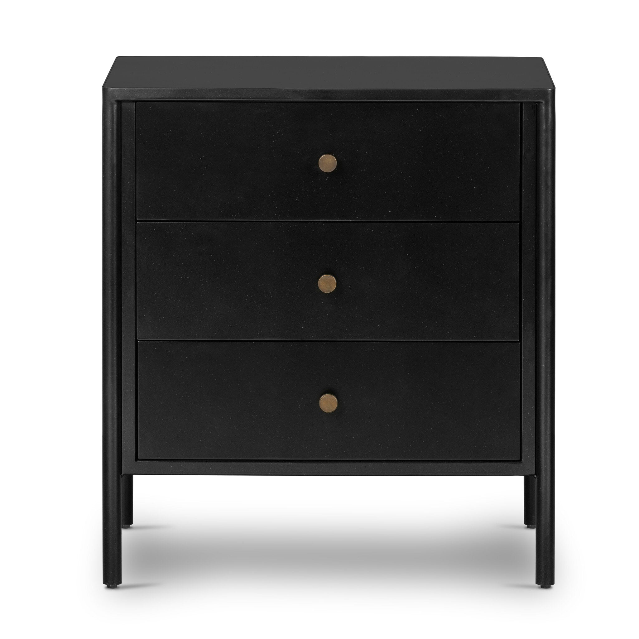Black dresser with three drawers on a white background. | S.W. Home
