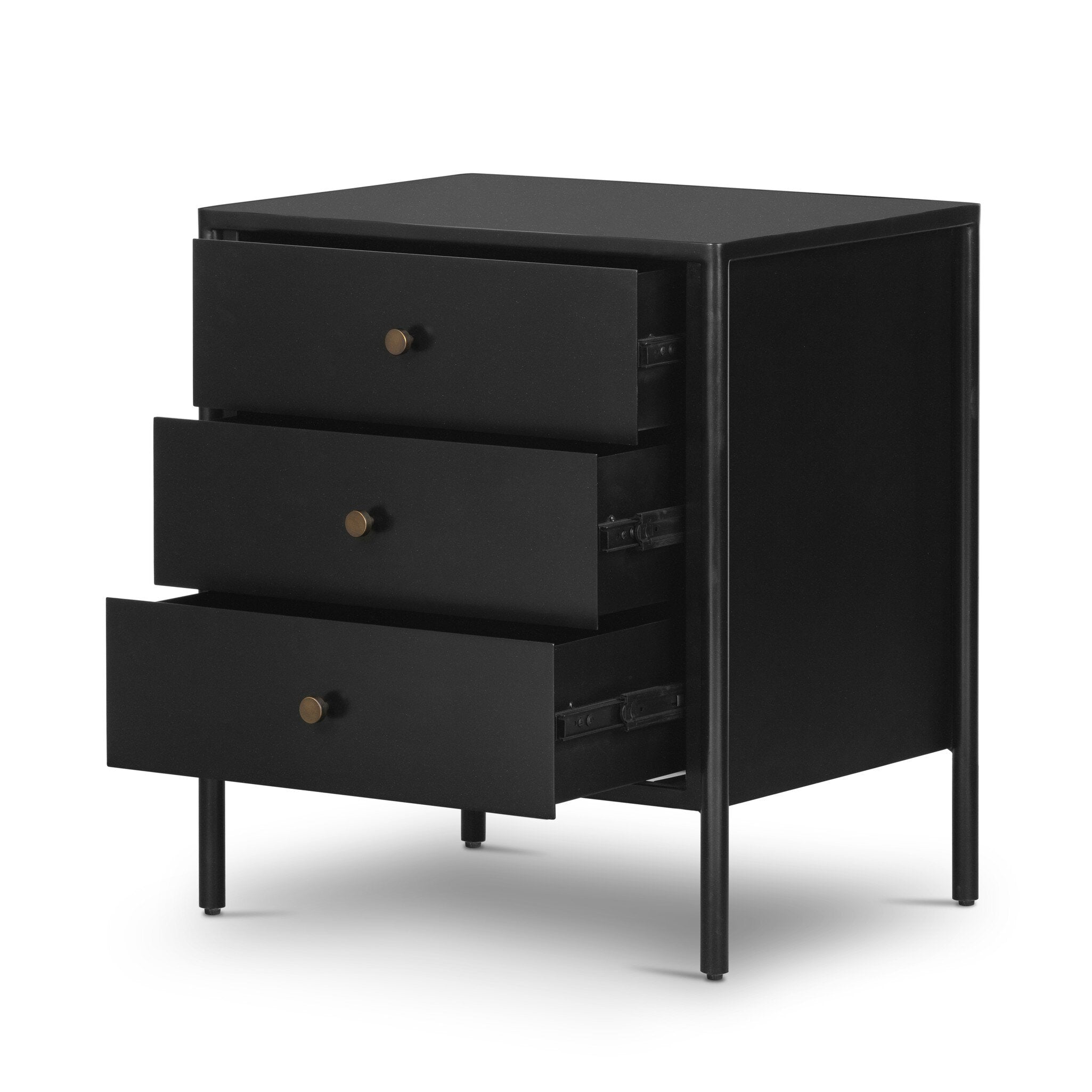 The back of a black dresser with three drawers on a white background.