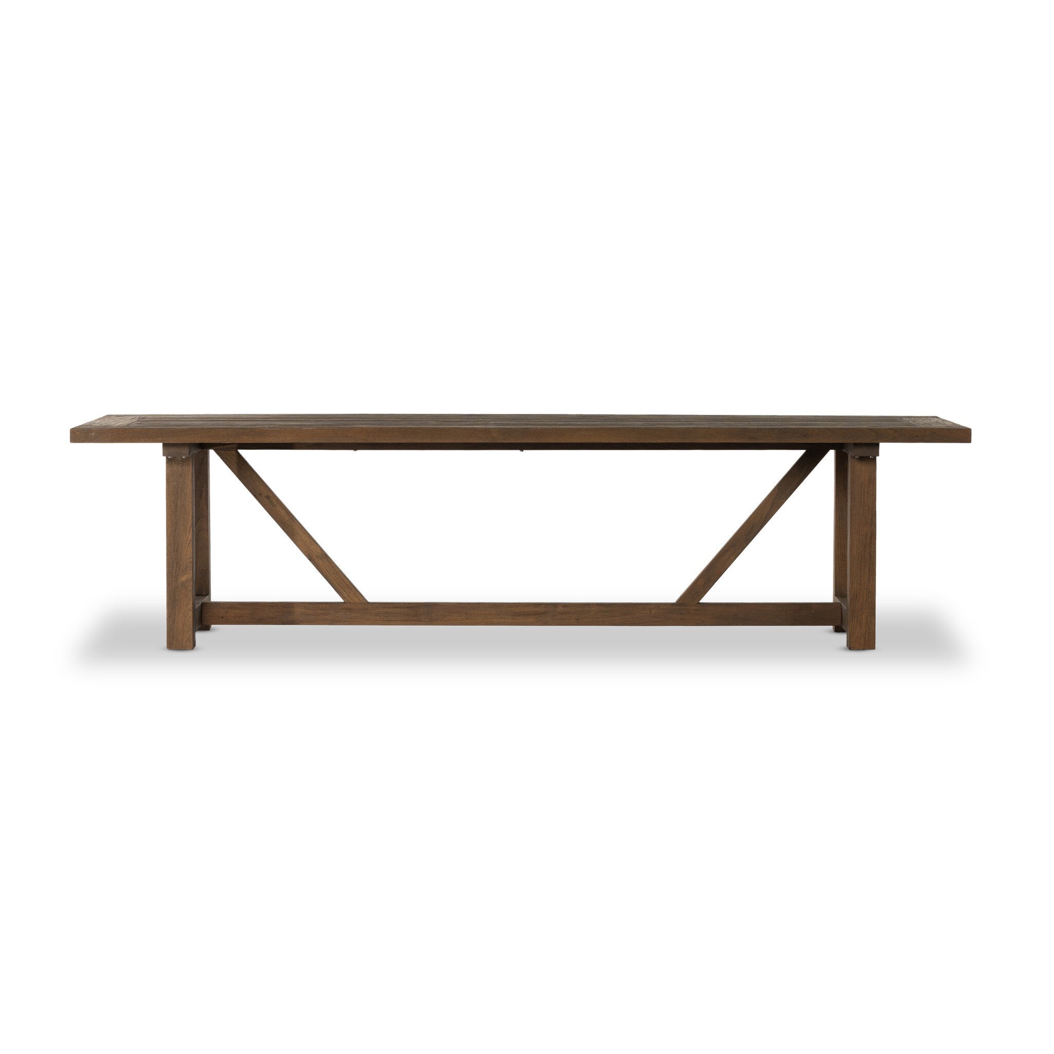 Trestle-style dining table made from reclaimed teak on a white background. | S.W. Home
