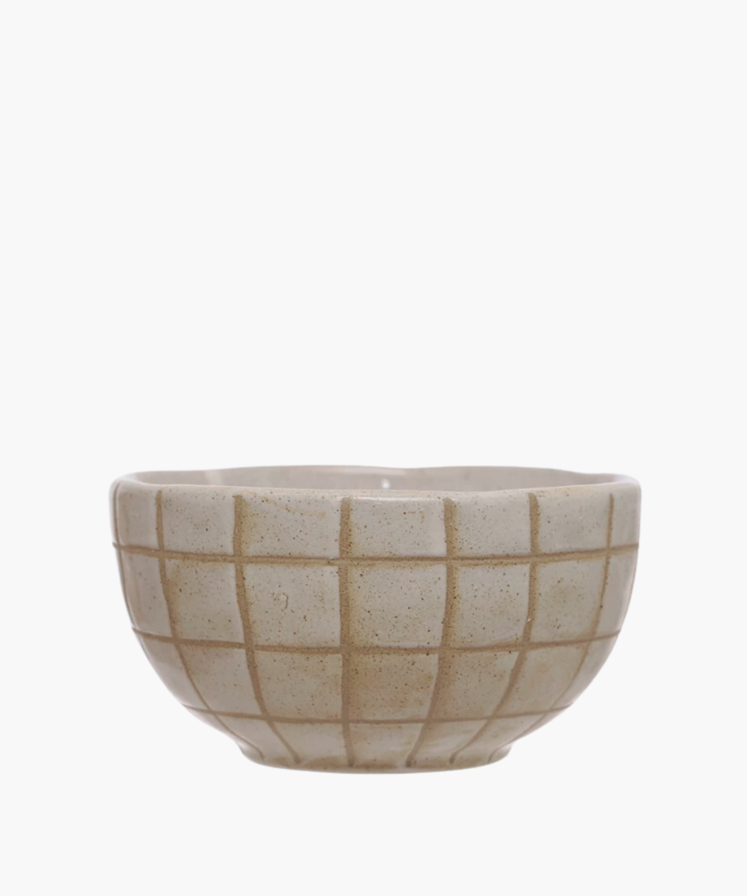 A beige stoneware bowl with a debossed geometric grid pattern and a light glaze. | S.W. Home