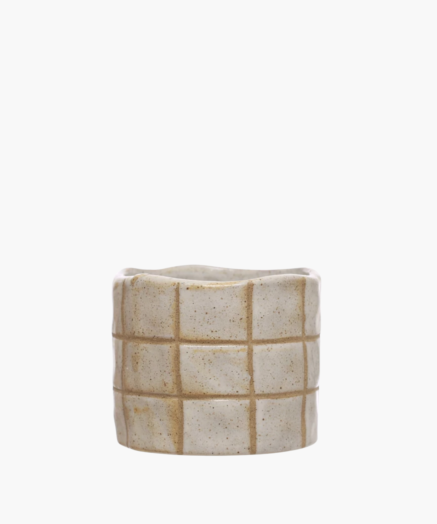 A round beige stoneware planter with a grid pattern. | S.W. Home