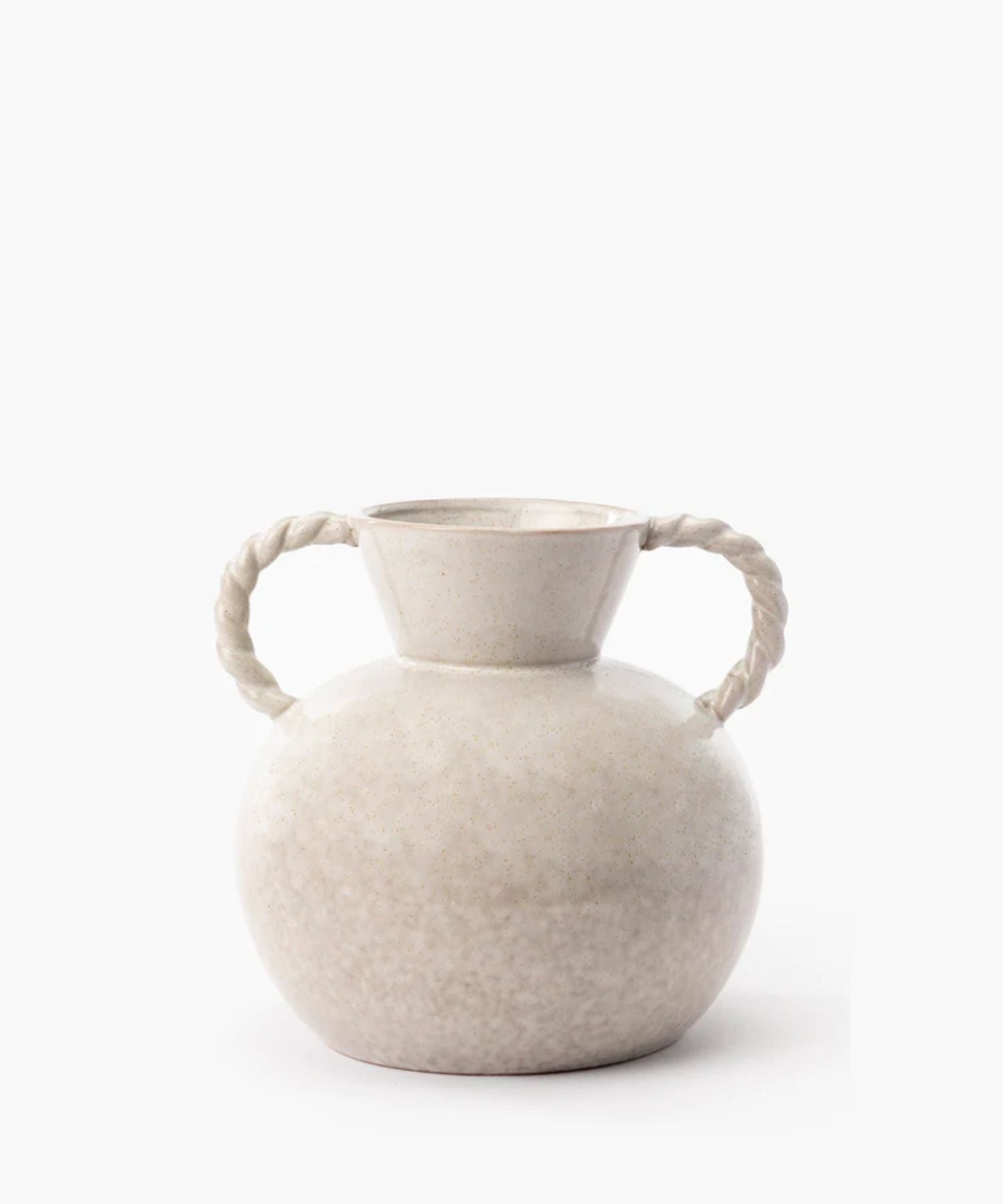 Vintage inspired stoneware ceramic vase with a round body and two twisted rope handles on each side. The simple, elegant design conveys a rustic yet refined aesthetic. | SW Home