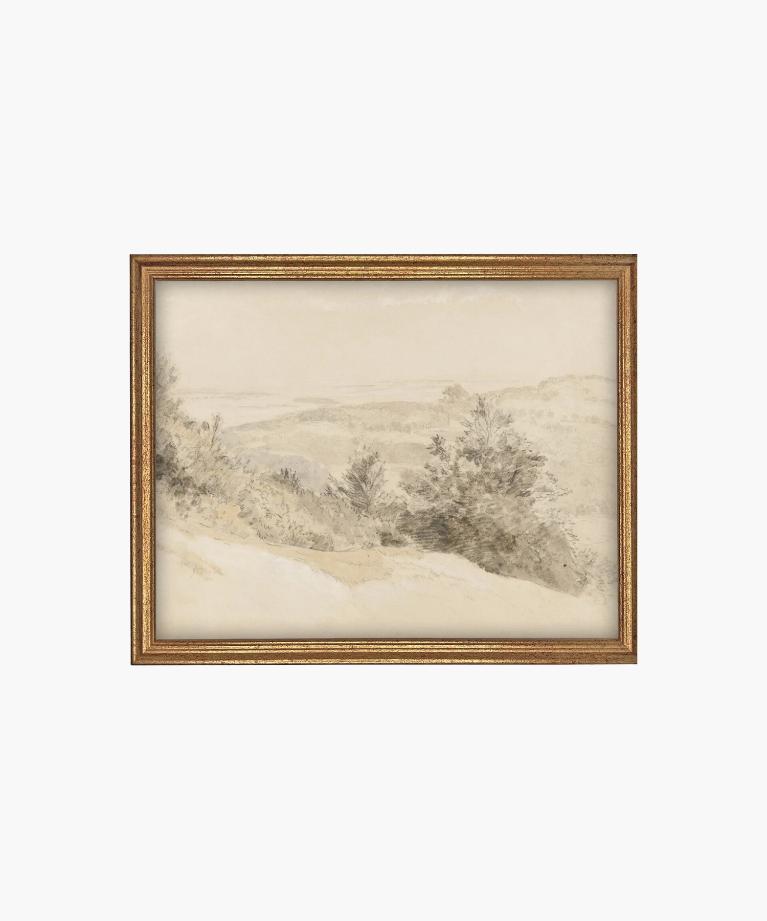 A sepia-toned landscape drawing depicts rolling hills and trees, exuding a serene, nostalgic atmosphere. Framed in an antique golden frame. | S.W. Home
