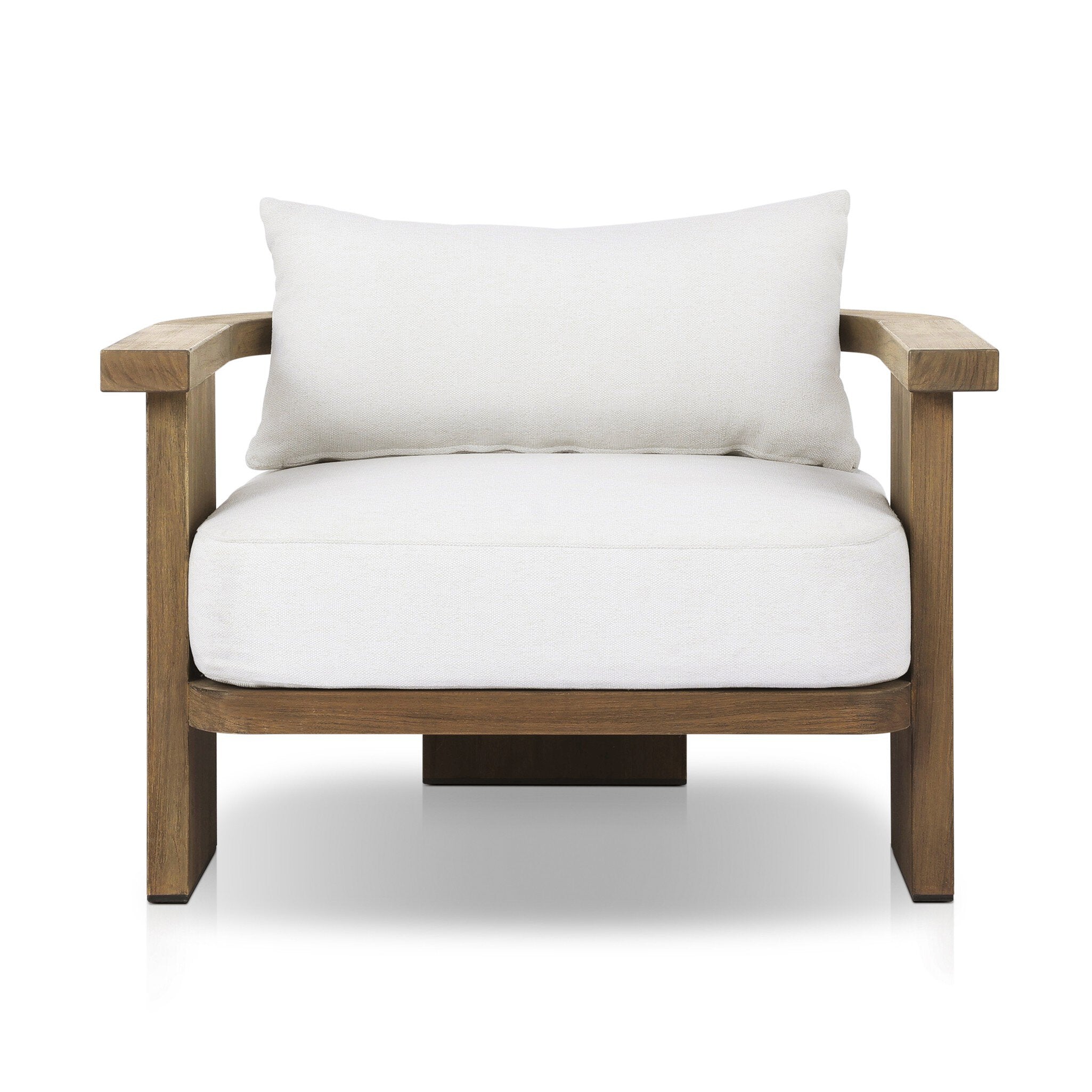 Outdoor armchair with a curved wooden frame out of teak and white linen cushions on a white background. | S.W. Home