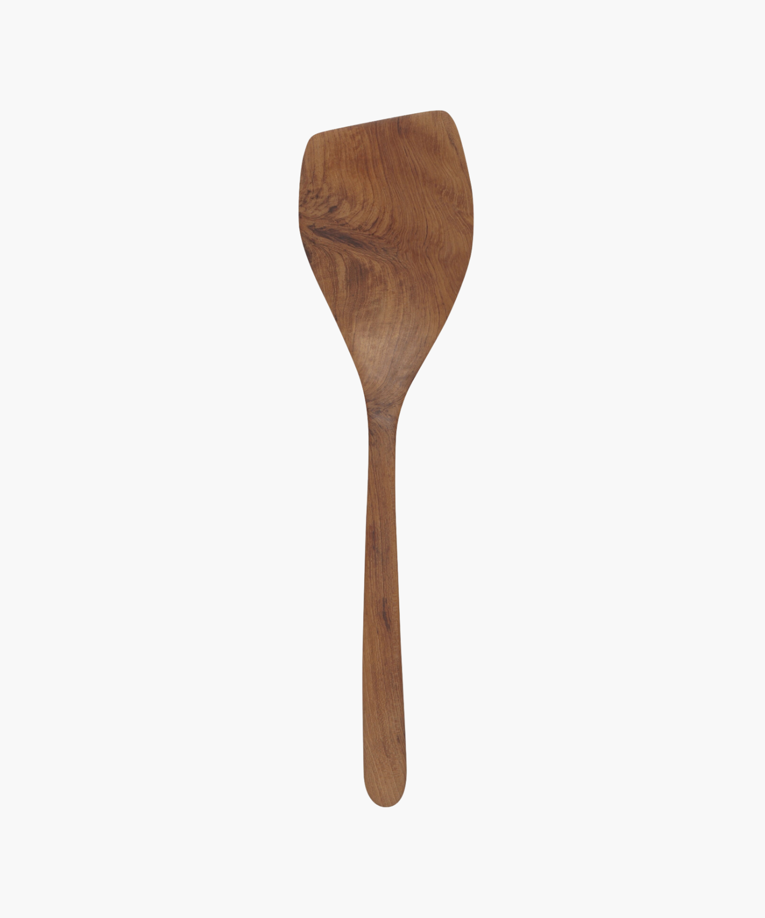 A wooden spatula with a smooth, curved handle and a wide, flat head, showcasing the natural wood grain. The tone is warm and earthy. | S.W. Home