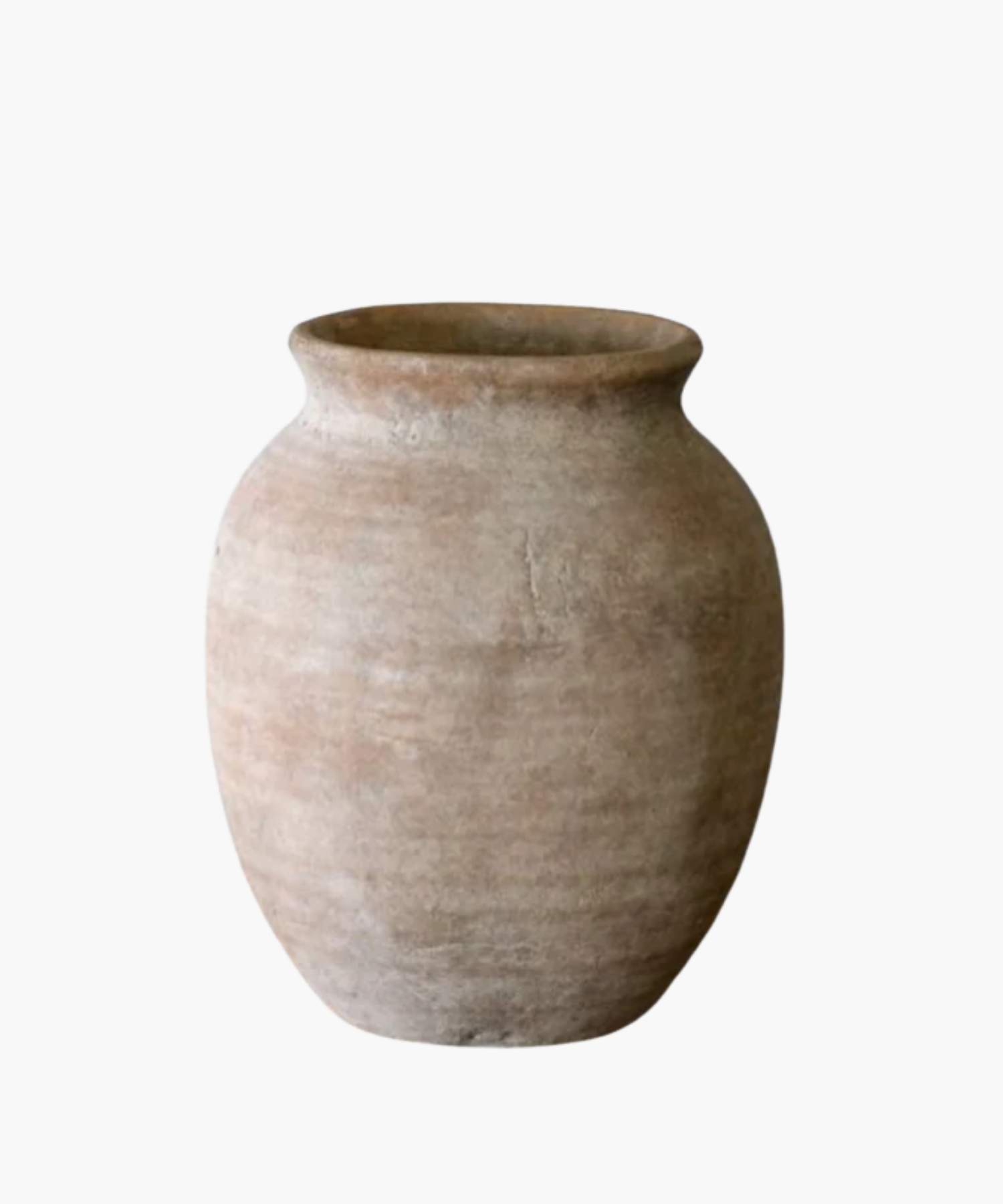 Aged clay pot with a wide body and narrow top, featuring a rough, textured surface in earthy brown tones. The pot conveys a rustic, antique feel. | S.W. Home