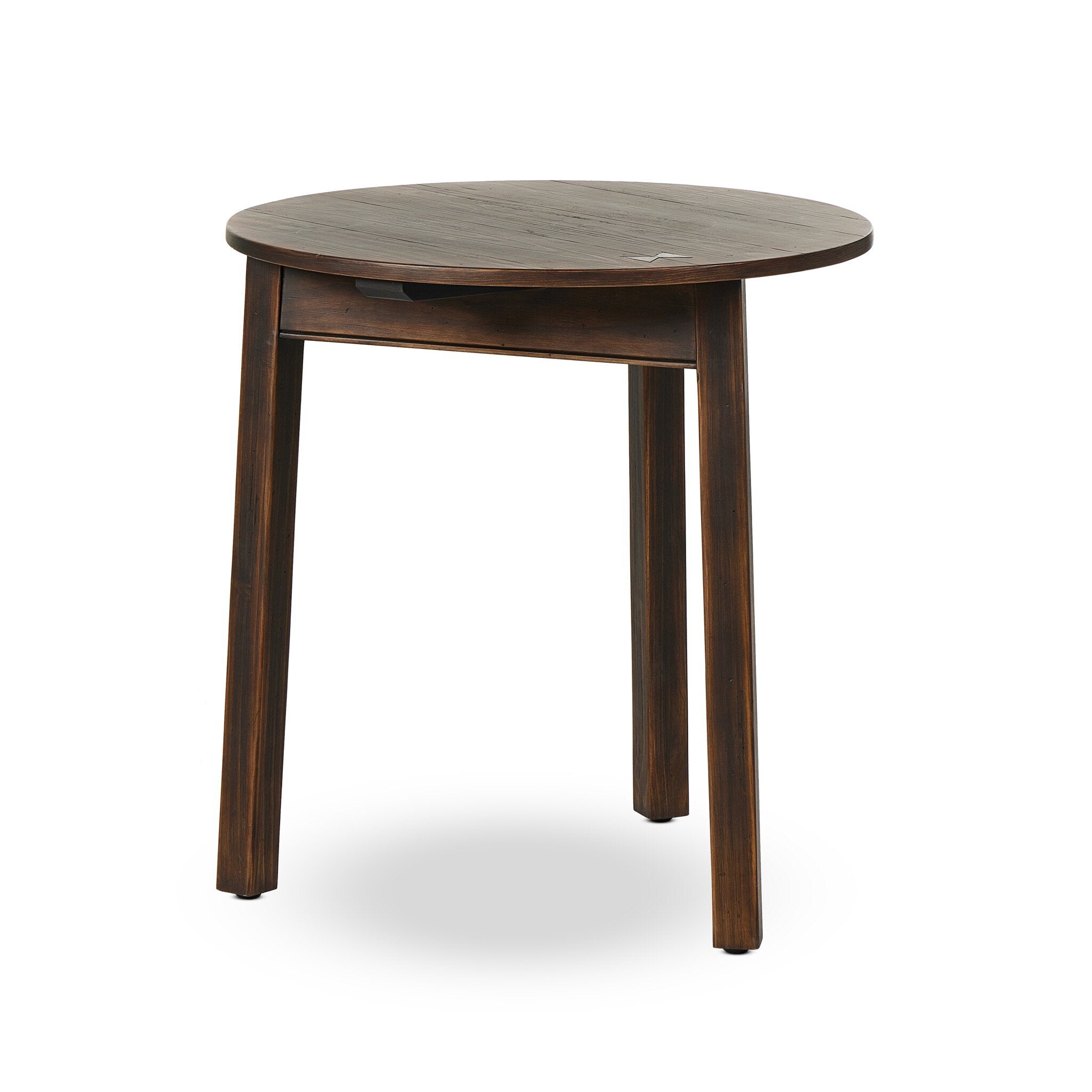 Antique inspired three-legged end table made of brown-finished pine on a white background. | S.W. Home