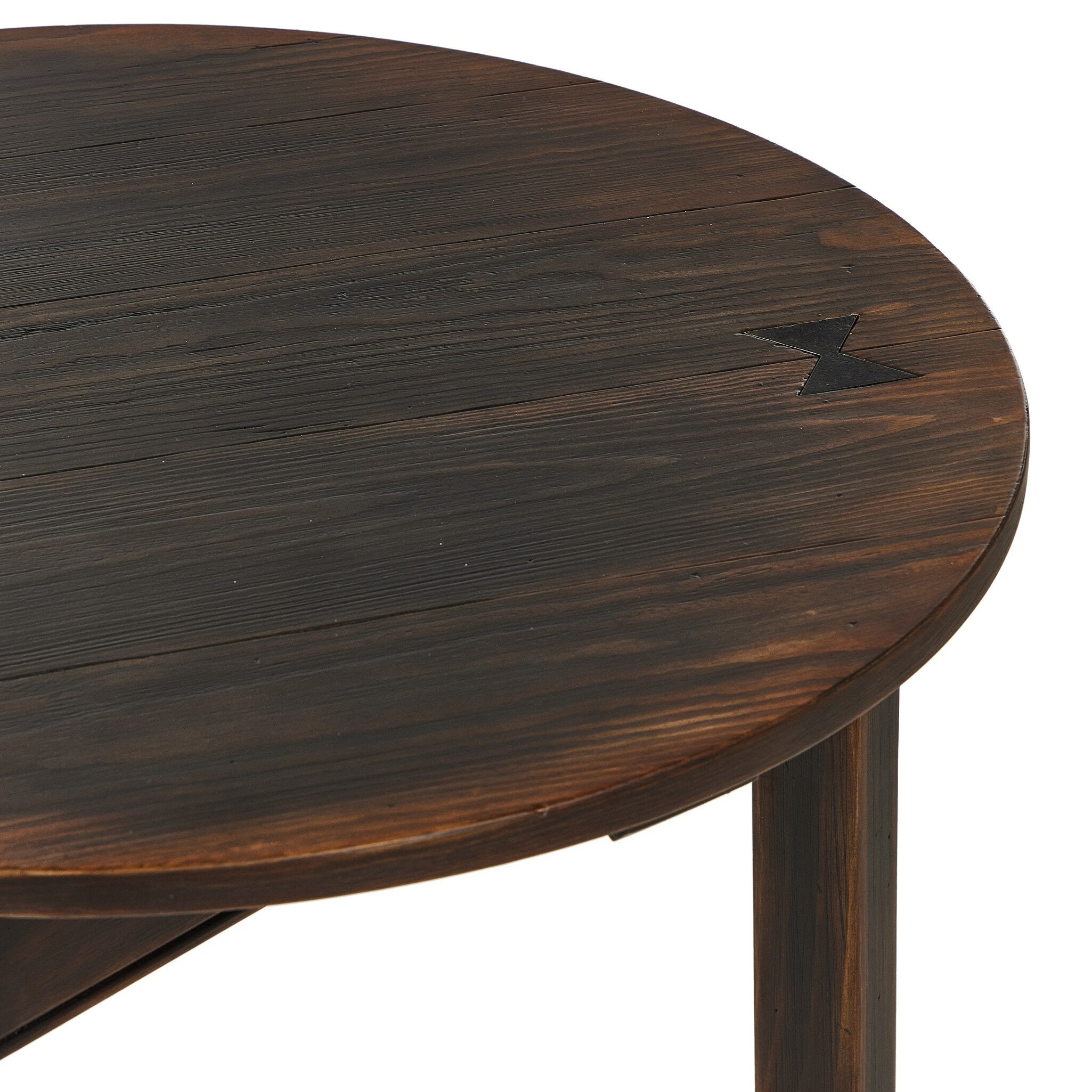 Antique inspired three-legged end table made of brown-finished pine on a white background.