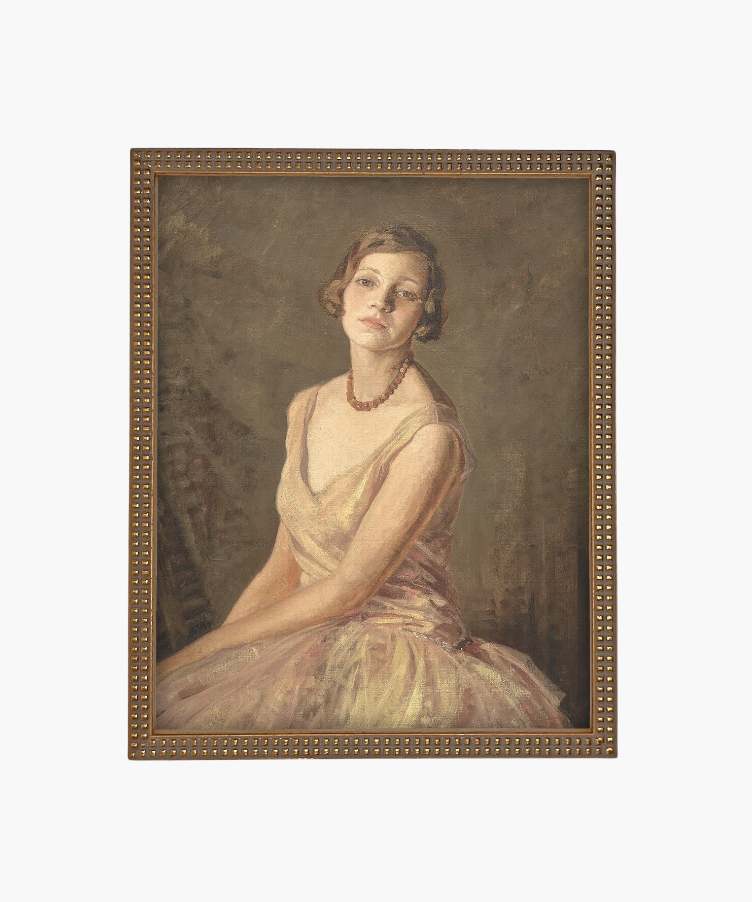 Portrait of a woman in a soft yellow dress and necklace, seated against a soft, muted background. Her expression is serene and contemplative. Framed in gold. | S.W. Home 