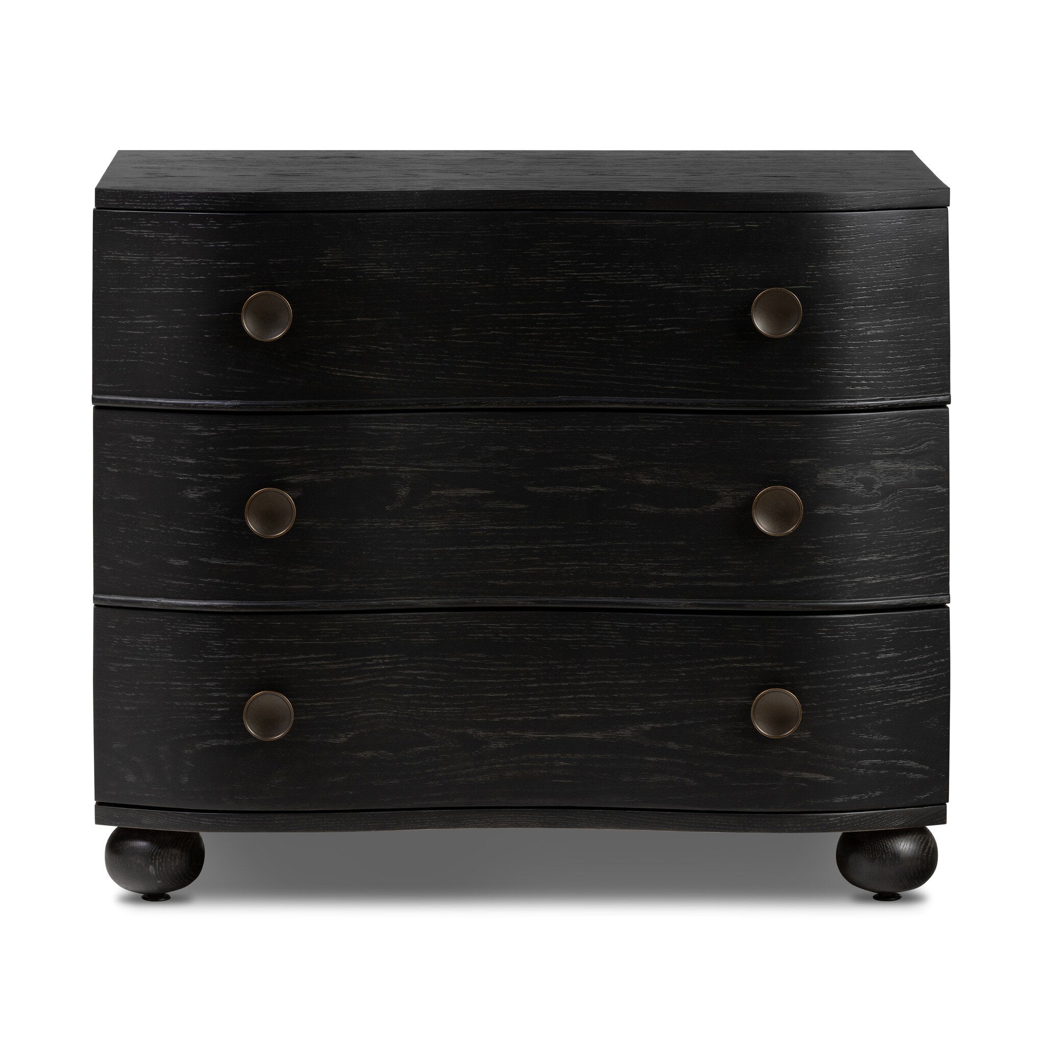 Dark wood dresser with three drawers and round knobs on a white background. | S.W. Home