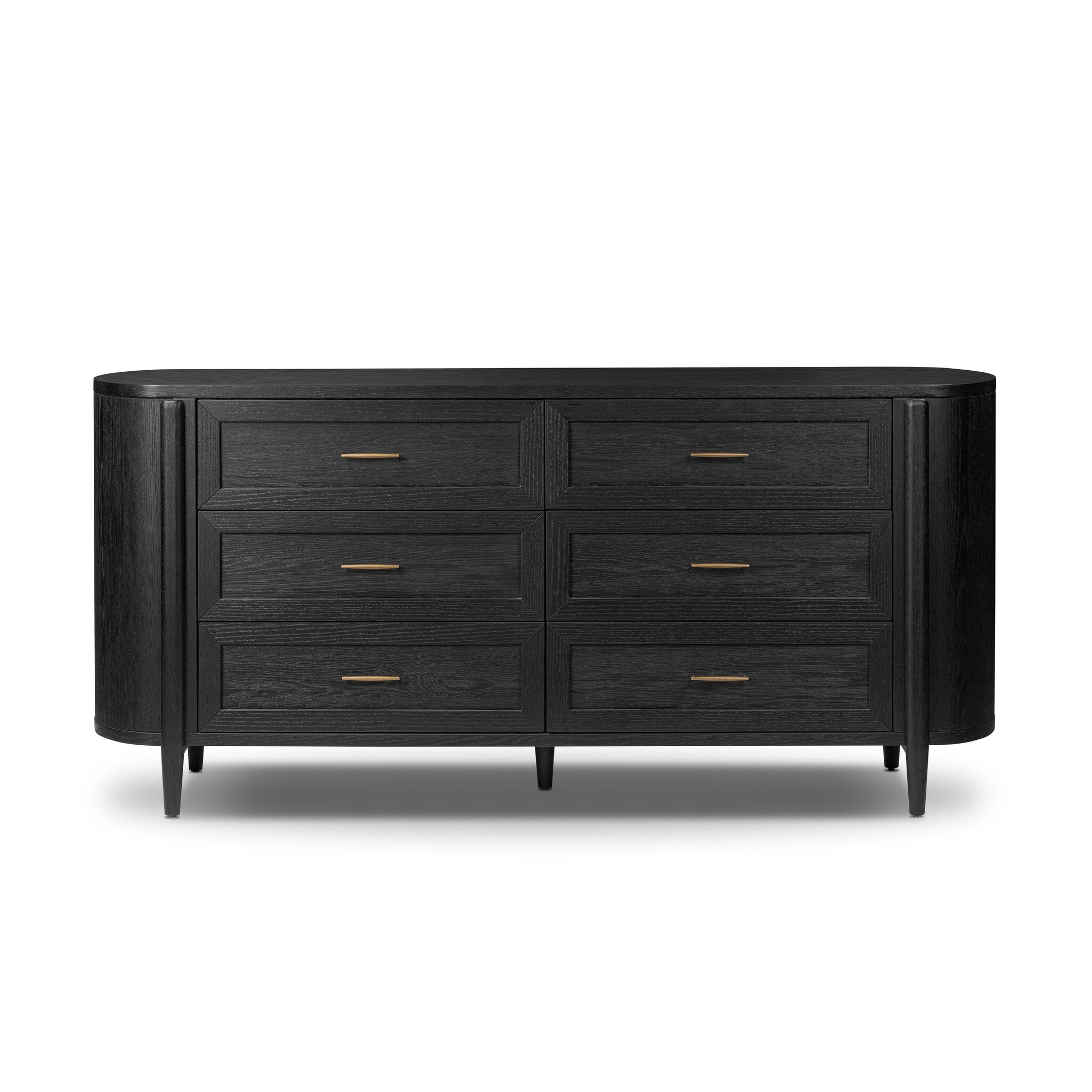 Curved black dresser with brass handles on a white background. | S.W. Home
