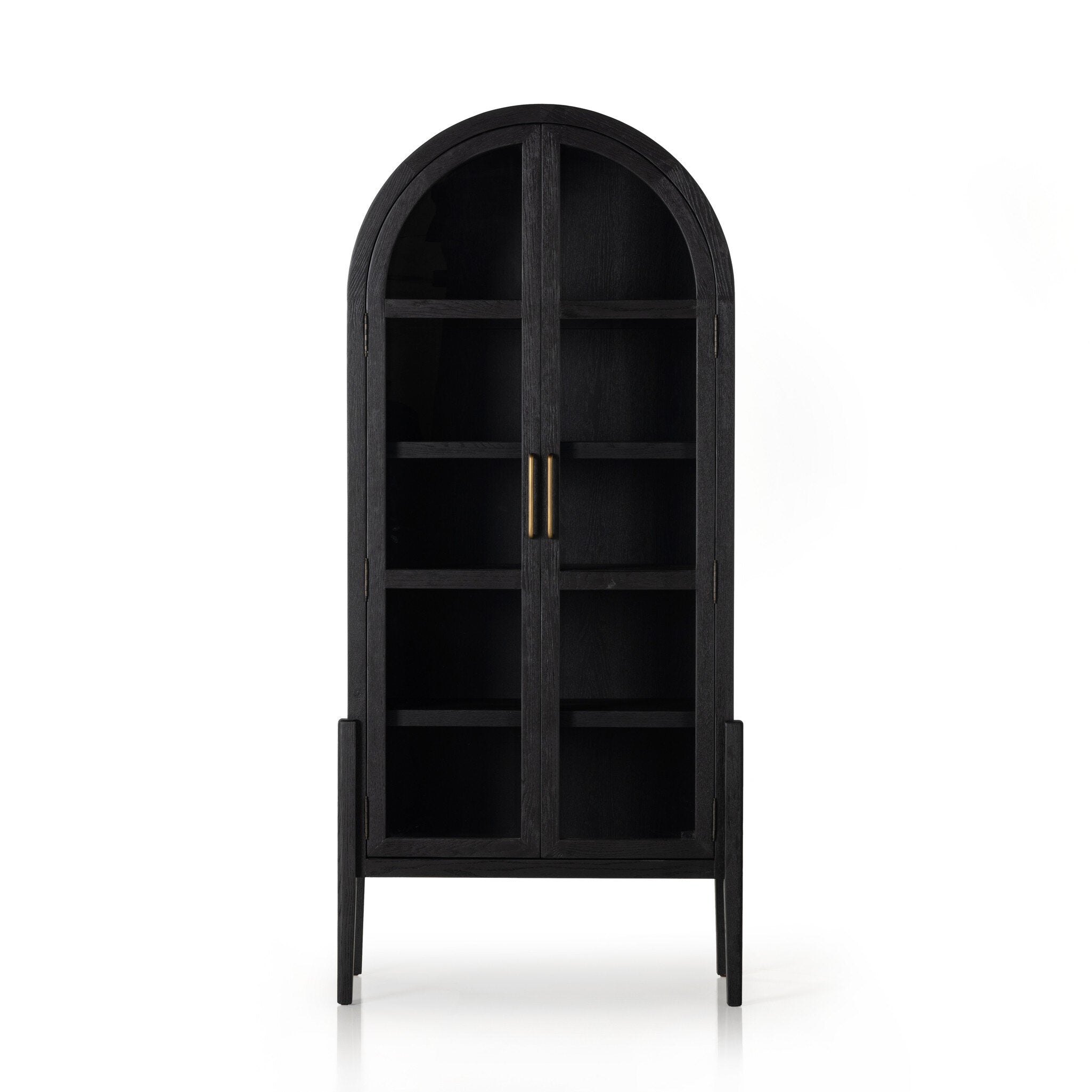 Black-finished solid oak cabinet with an arched top and glass doors. | S.W. Home