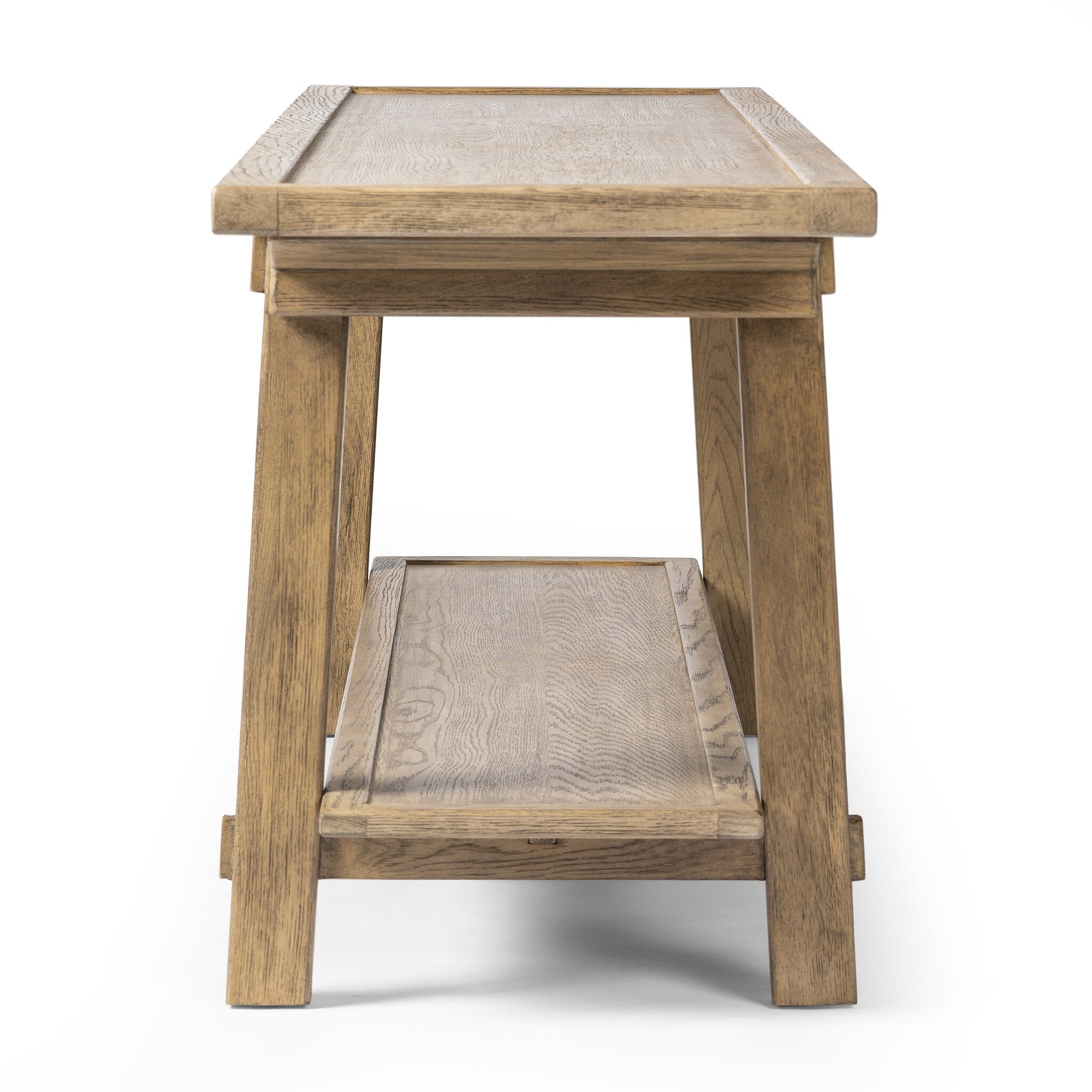 Side profile of a wooden console table with a lower shelf on a white background.
