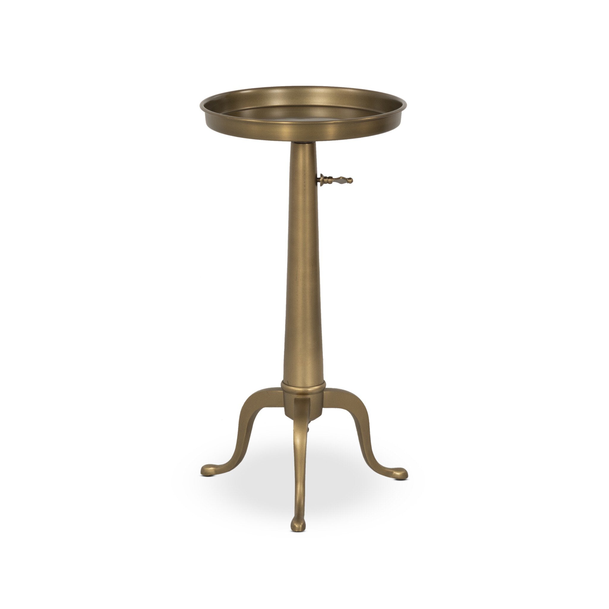 Solid brass end table with a dark matte finish with a telescope post and tray style top on a white background. | S.W. Home