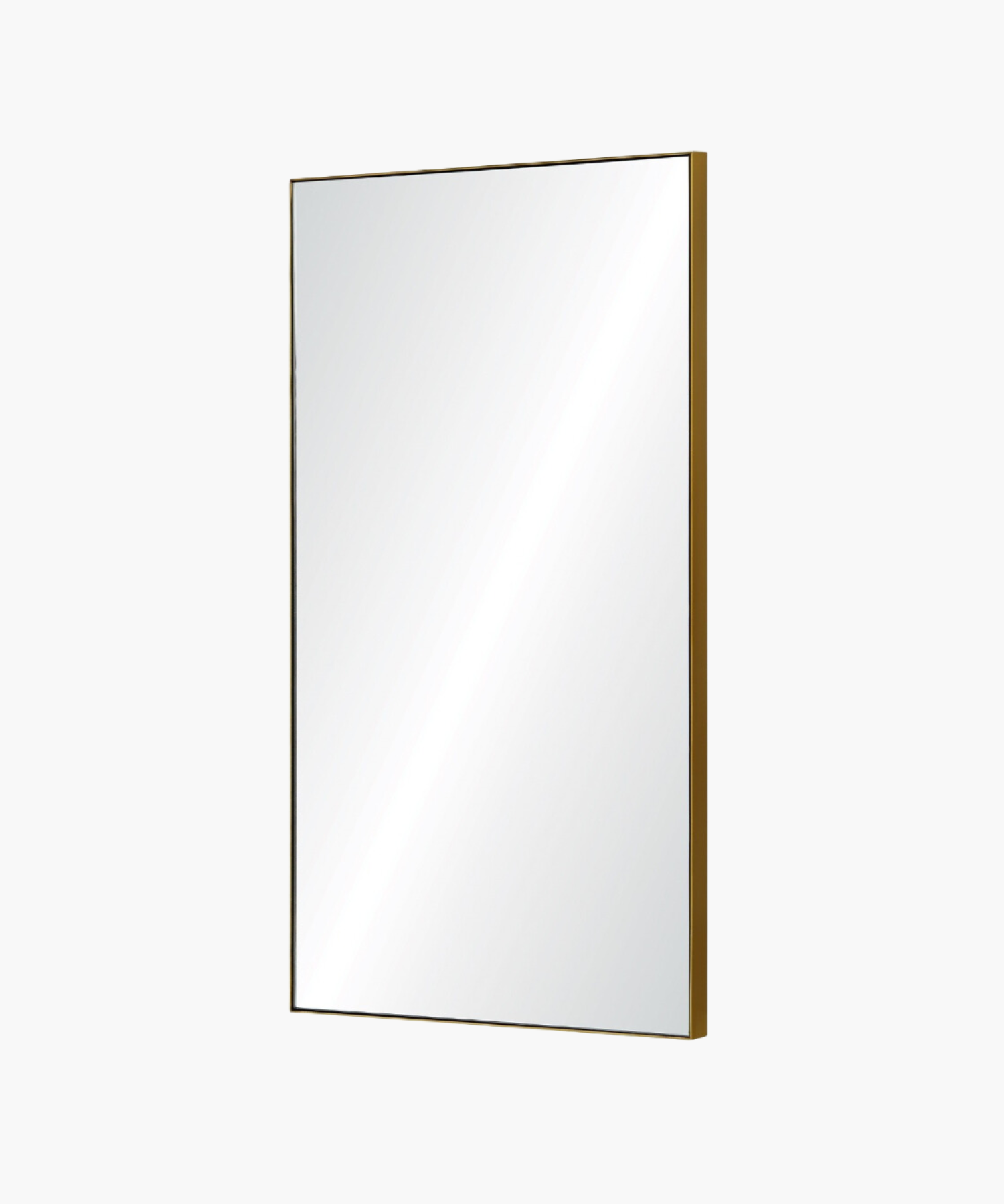 A rectangular brass framed wall mirror with a minimalist design styled on a white background.
