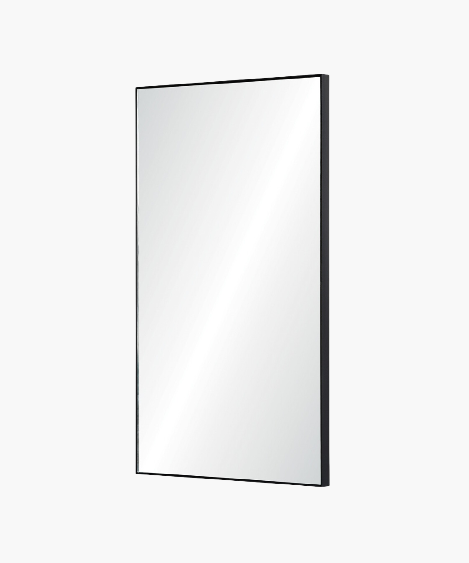 A rectangular black nickel framed wall mirror with a minimalist design styled on a white background. 