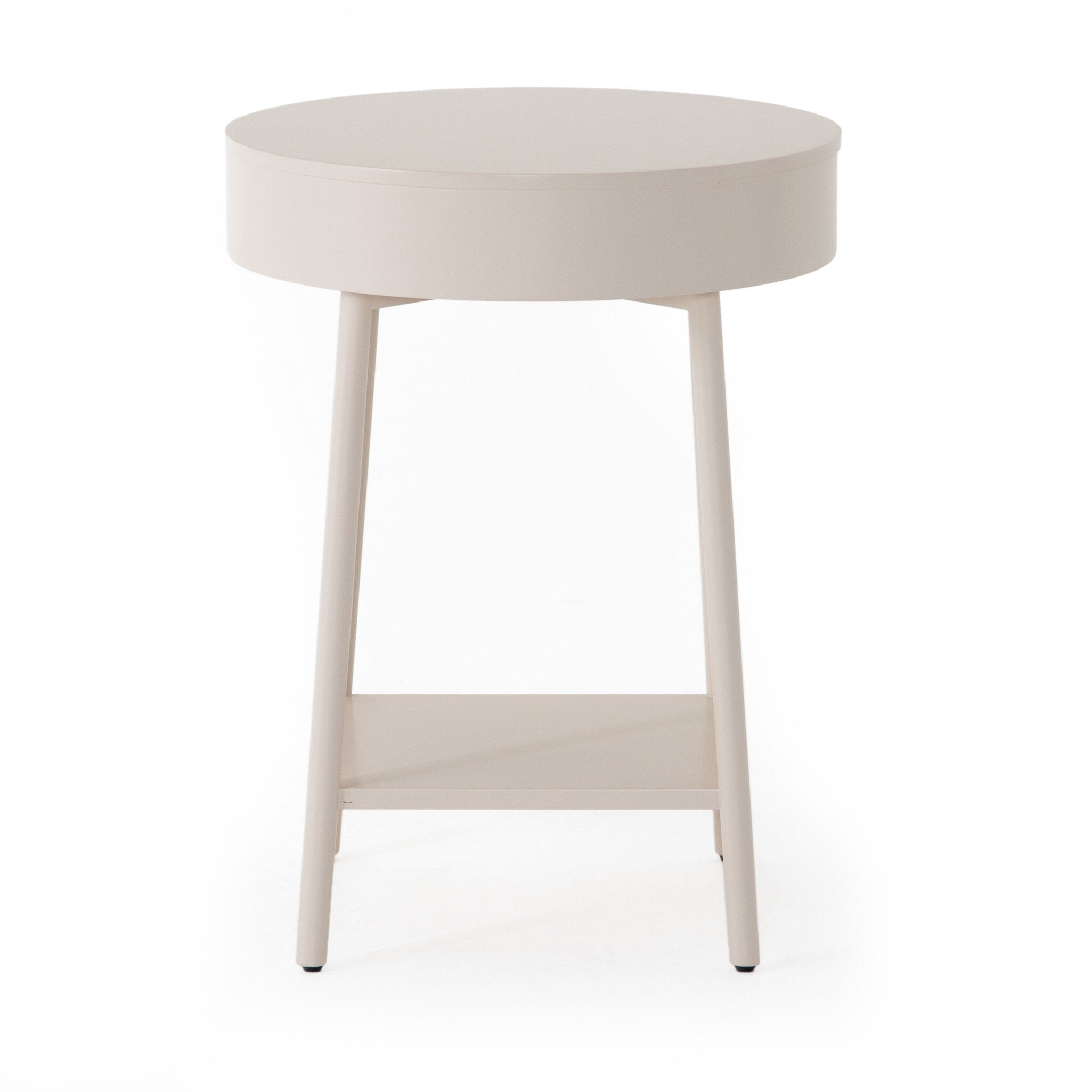 The back of a white nightstand with a drawer on a white background.