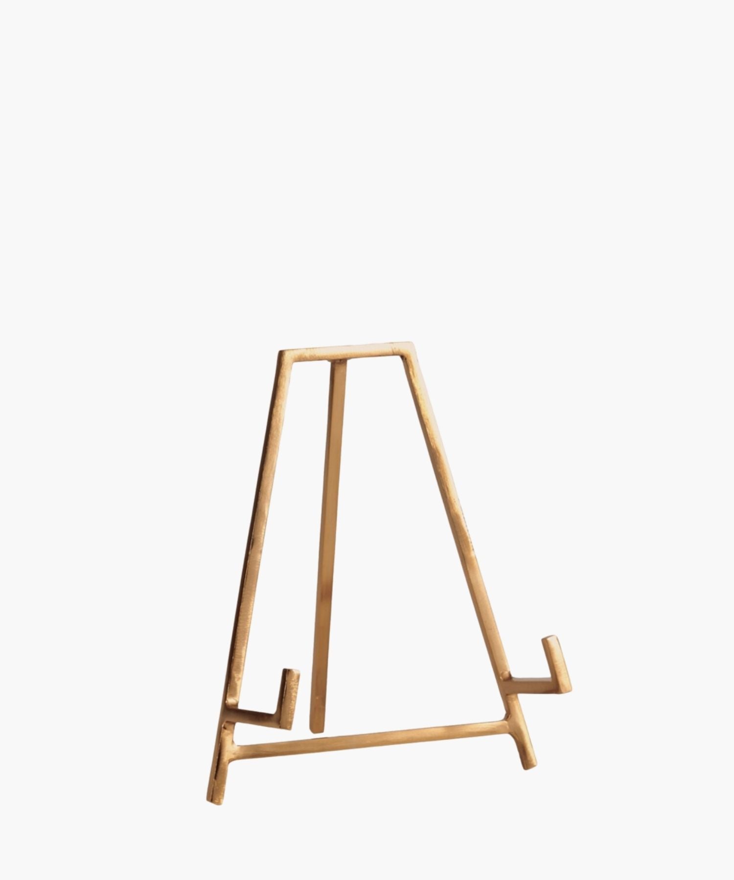 Small gold finished iron easel stand with a triangular shape and minimalistic design, conveying a simple and modern aesthetic. | SW Home
