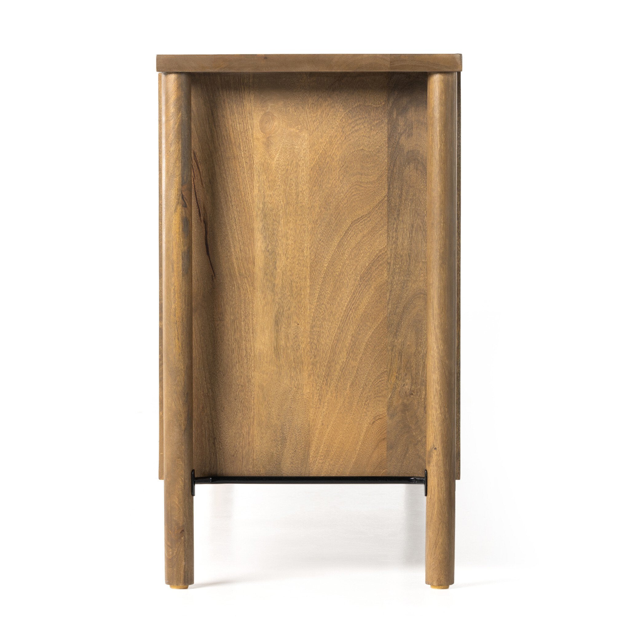 Side profile of a wooden sideboard with wicker doors on a white background.