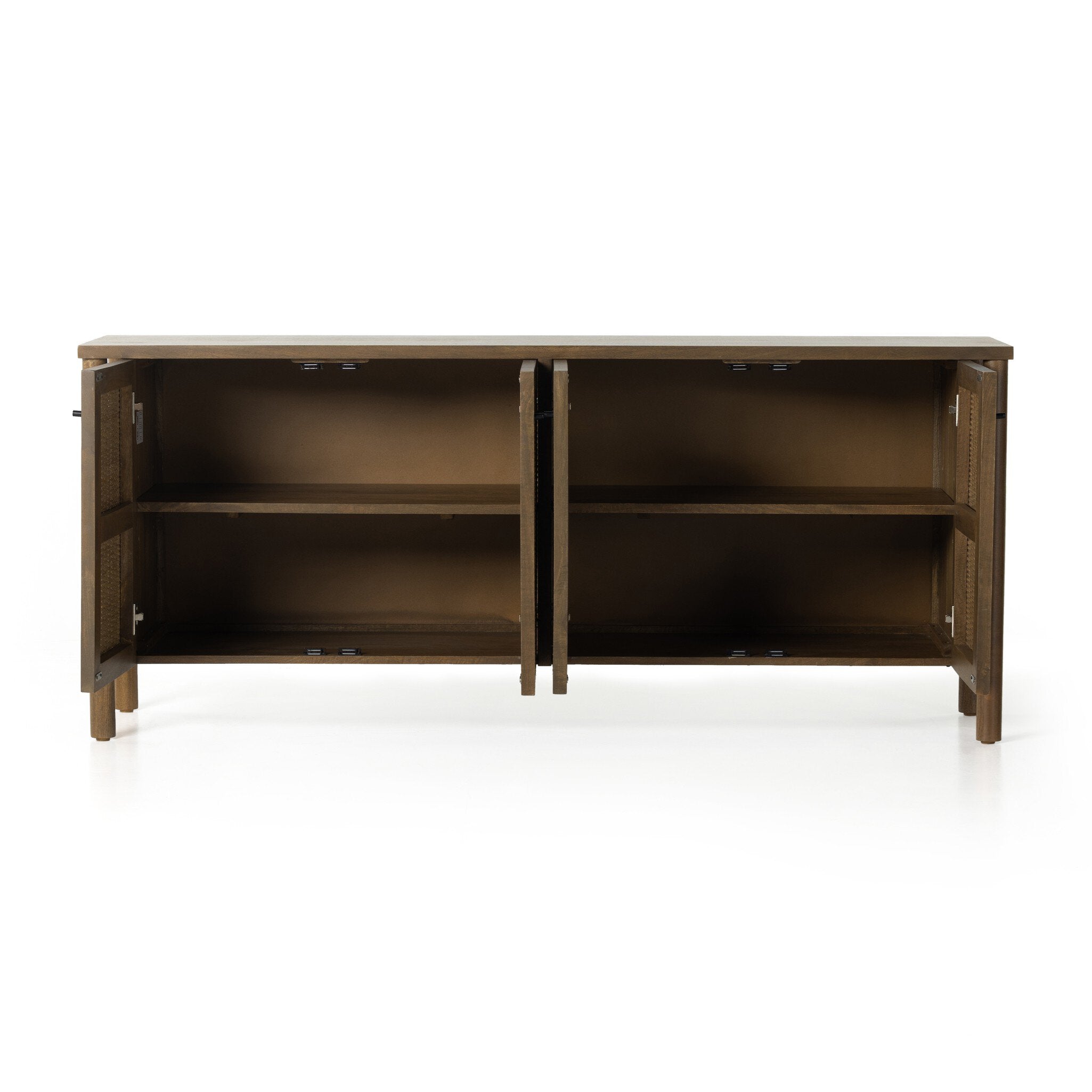 Wooden sideboard with open doors on a white background.