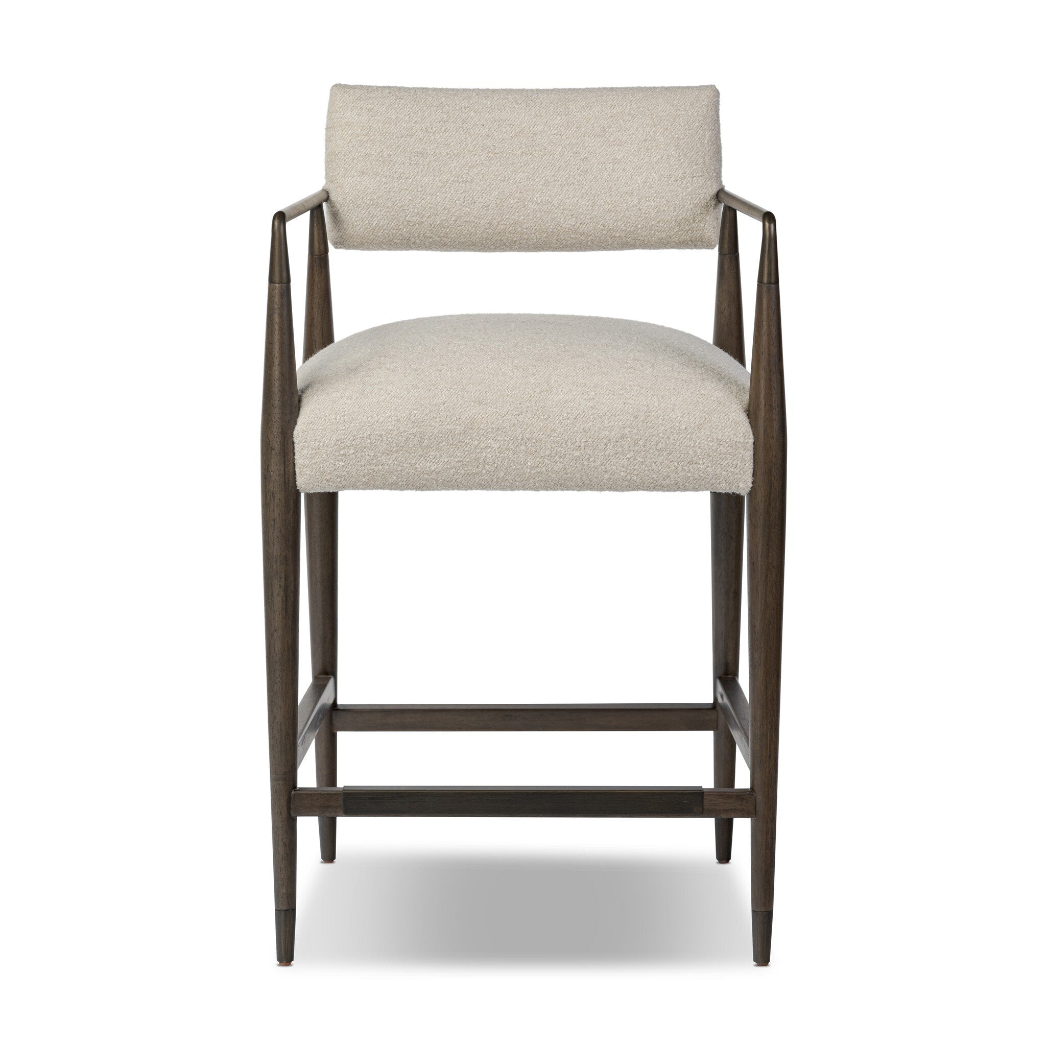 Beige counter stool with wooden frame on a white background
