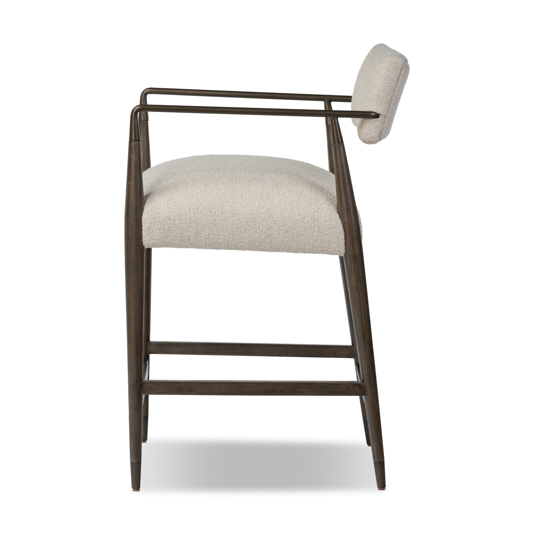 Beige counter stool with wooden frame on a white background
