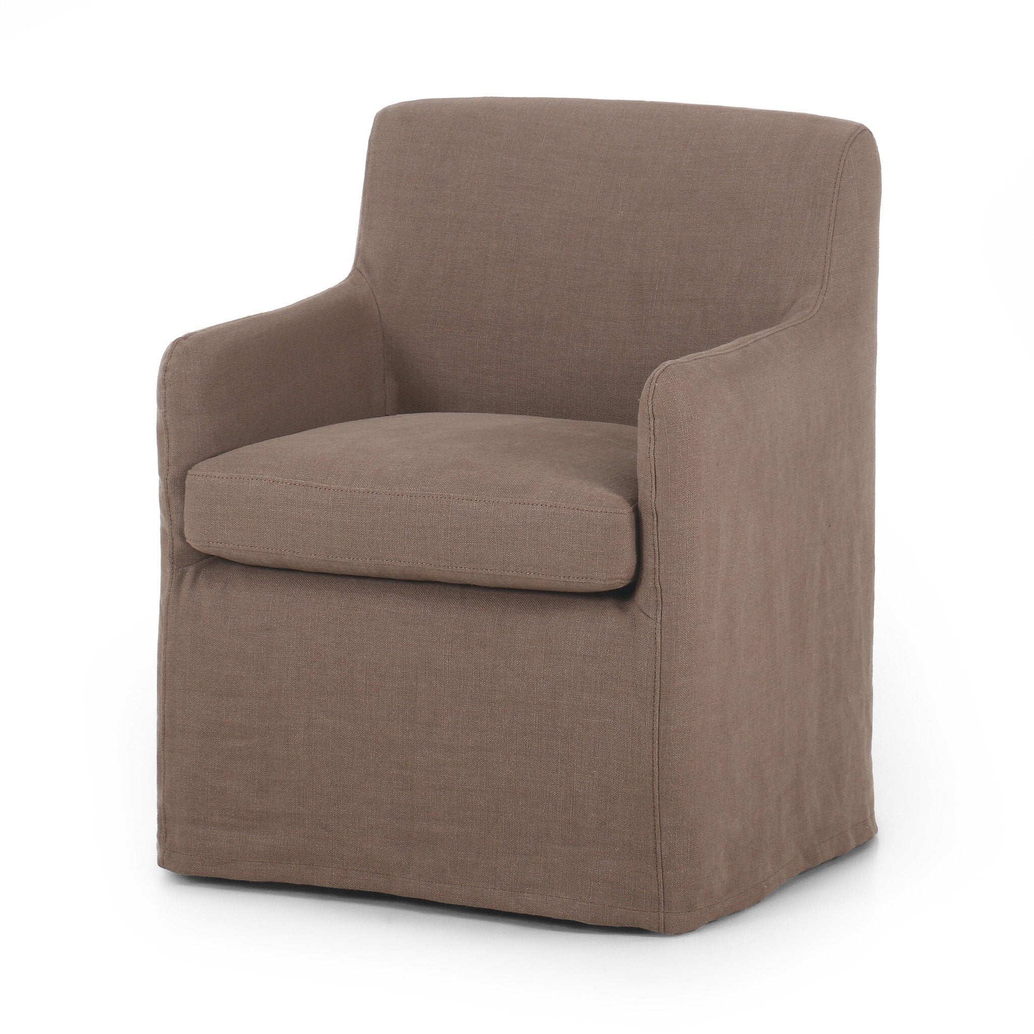 Slipcovered dining chair in an earthy mushroom brown hue with rounded arms on a white background. 