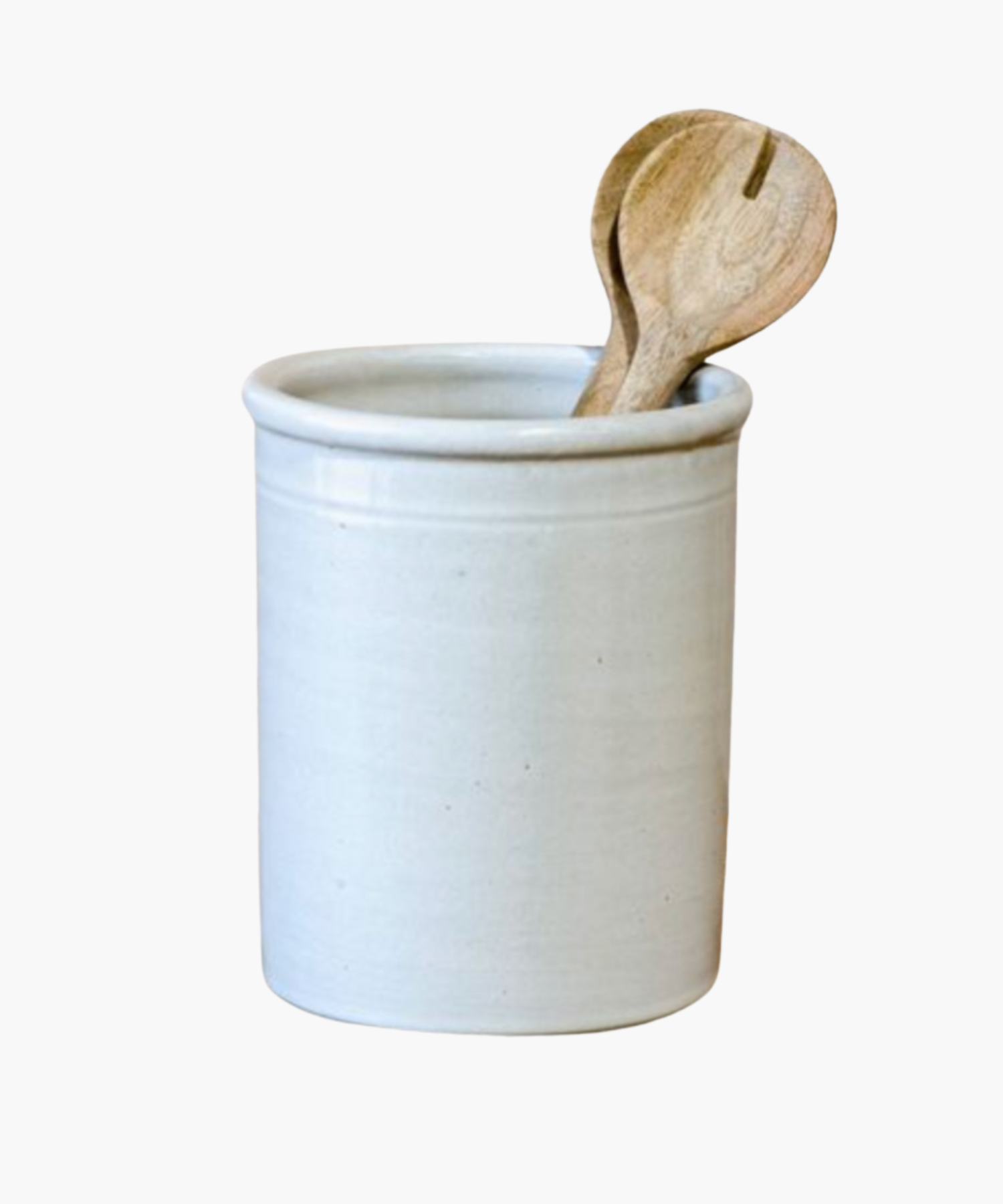 Simple white ceramic pot with a smooth finish, featuring a slightly raised rim styled with 2 wooden spoons. The image conveys a minimalist and clean aesthetic.   | Wildwood Home Co.