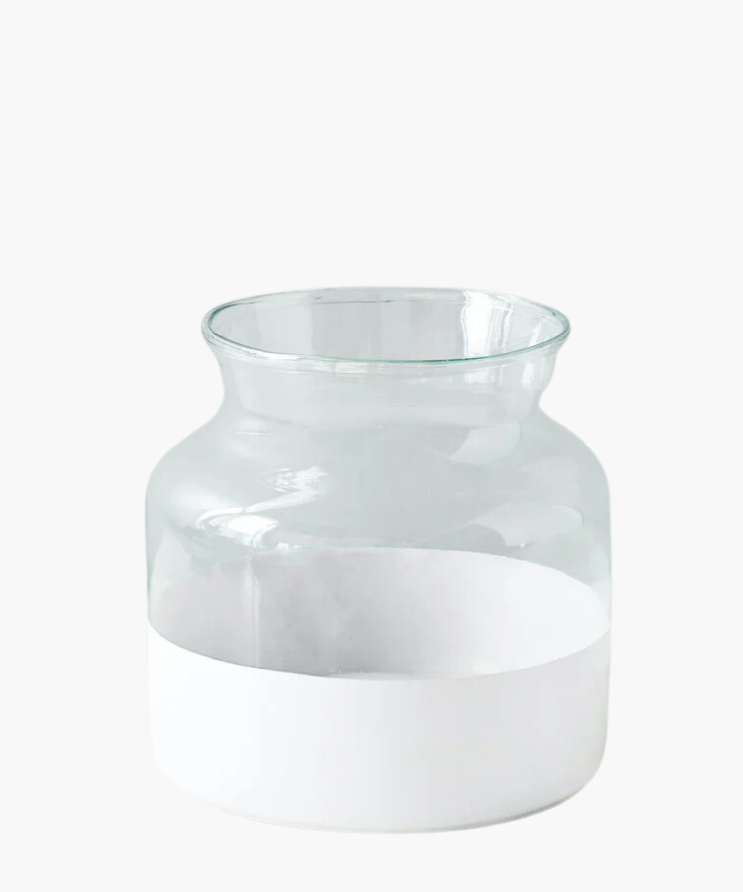 Clear glass vase with a wide mouth and rounded body. The upper part is transparent, while the lower half is painted in a glossy white. Minimalist and modern. | S.W. Home