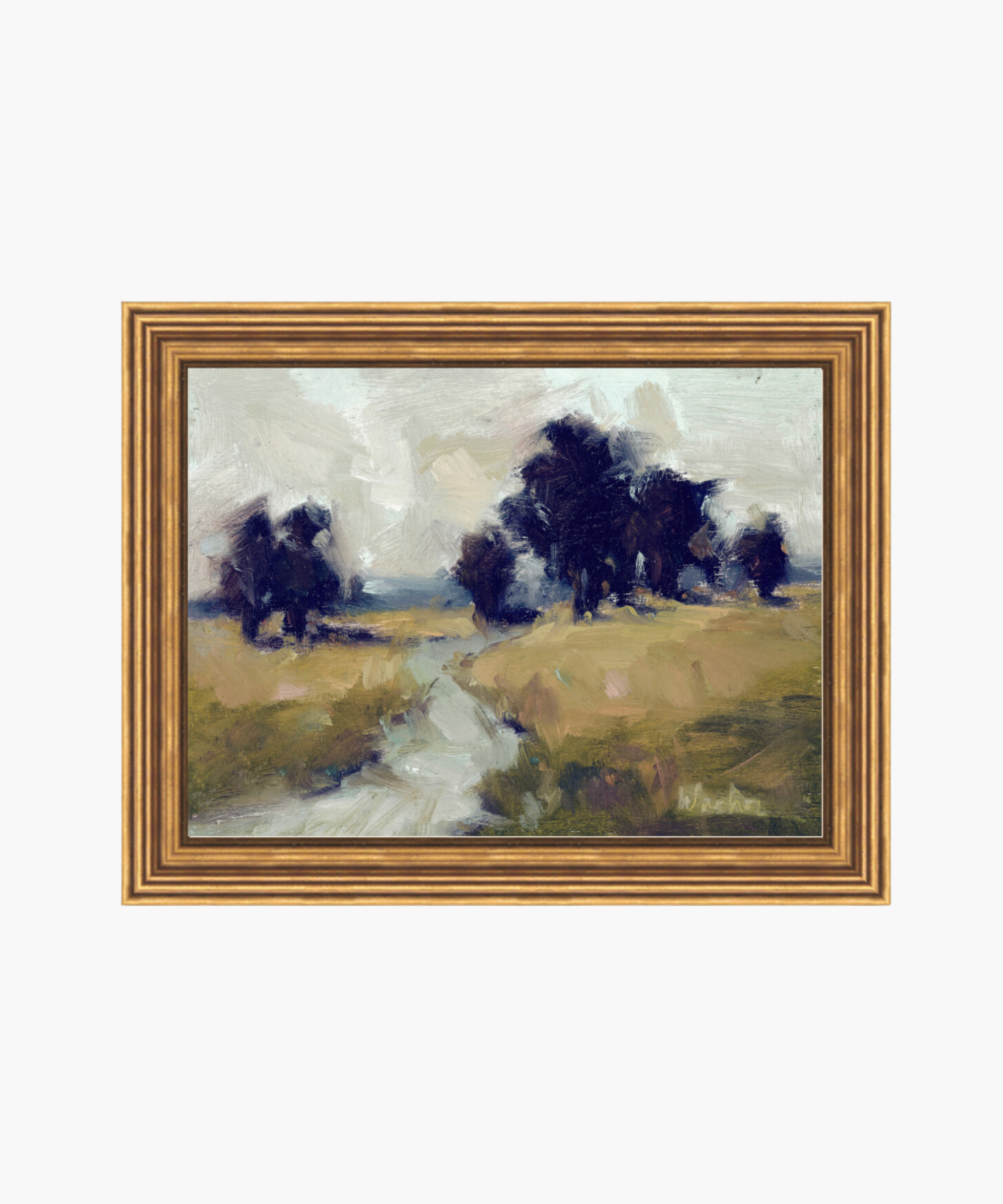 Impressionist landscape painting: a narrow path meanders through golden fields with dark, leafy trees under a soft, cloudy sky. Warm, serene atmosphere. | S.W. Home