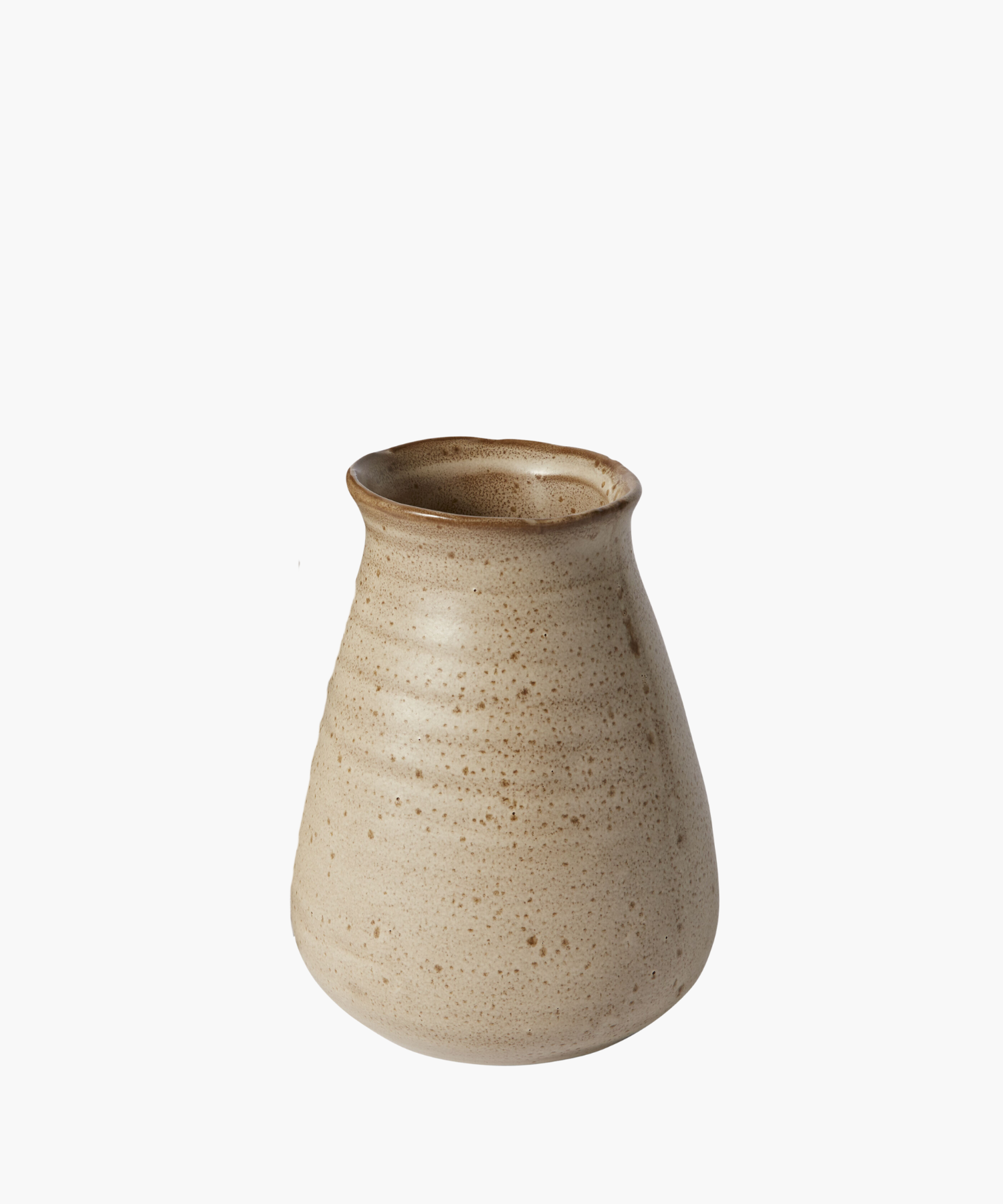 A beige pottery vase with a narrow top and speckled texture. The handcrafted design gives an earthy, rustic feel. Simple and elegant, against a white background. | S.W. Home