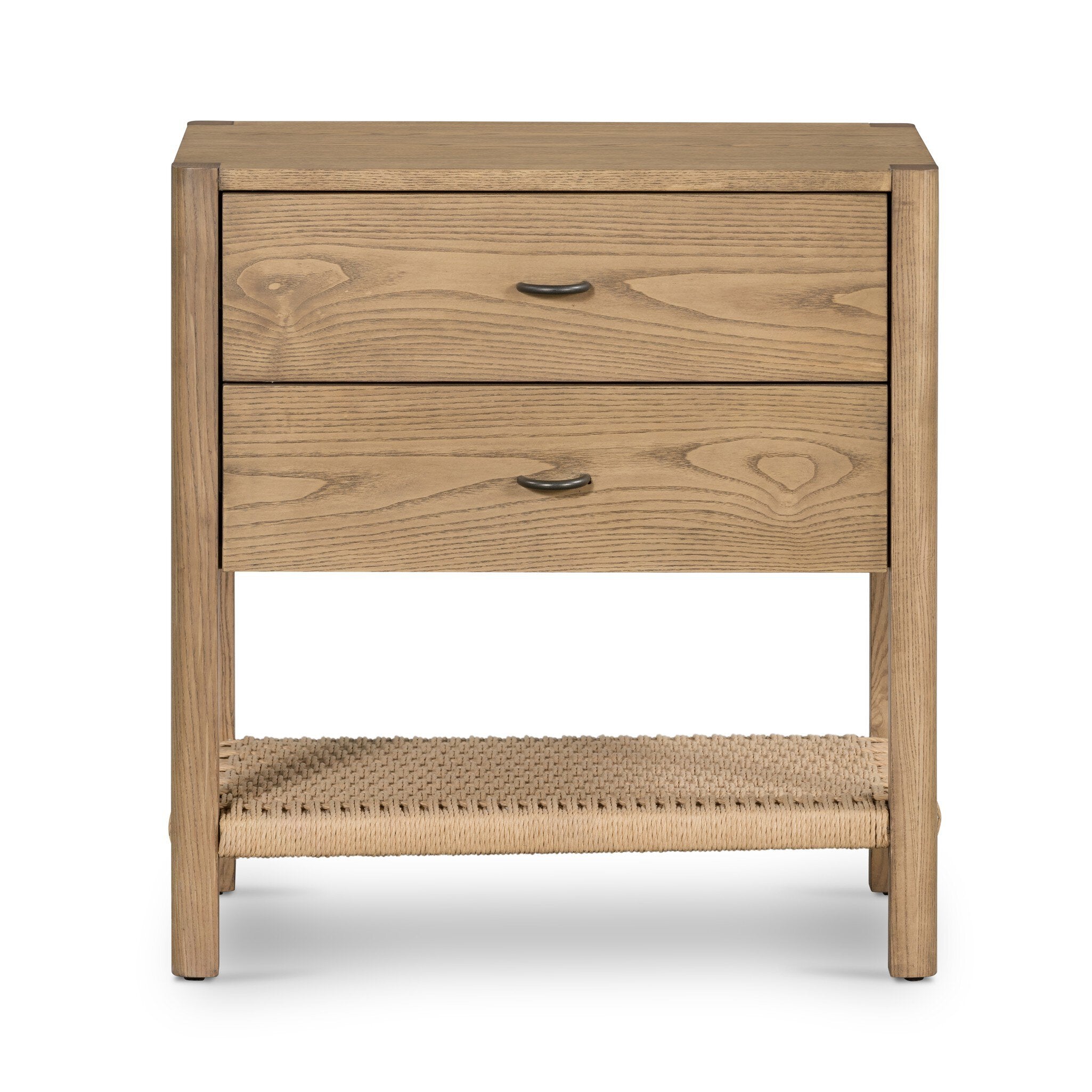 Wooden nightstand with two drawers and a woven shelf on a white background. | S.W. Home