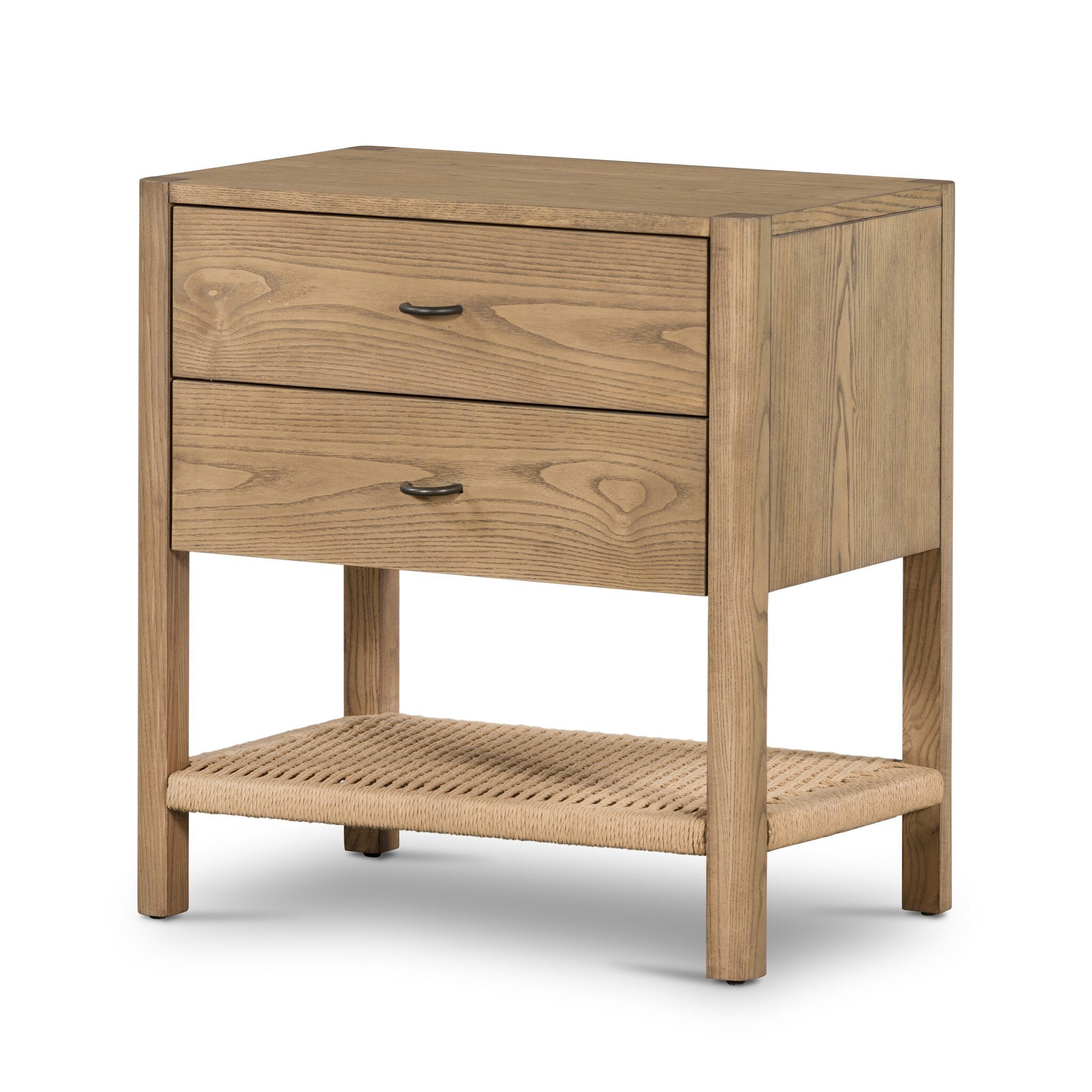 Wooden nightstand with two drawers and a woven shelf on a white background.