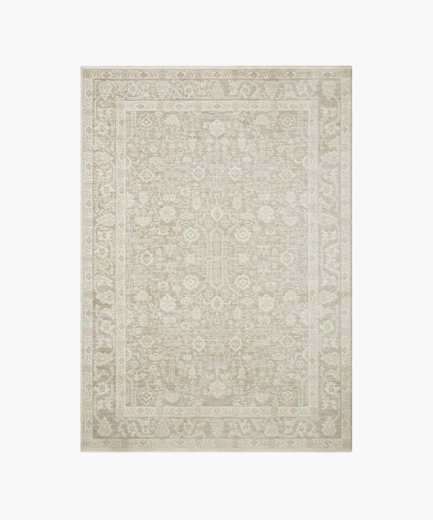 Elegant beige area rug with intricate floral and geometric patterns. The ornate border and subtle color variations create a classic and sophisticated tone. | SW Home