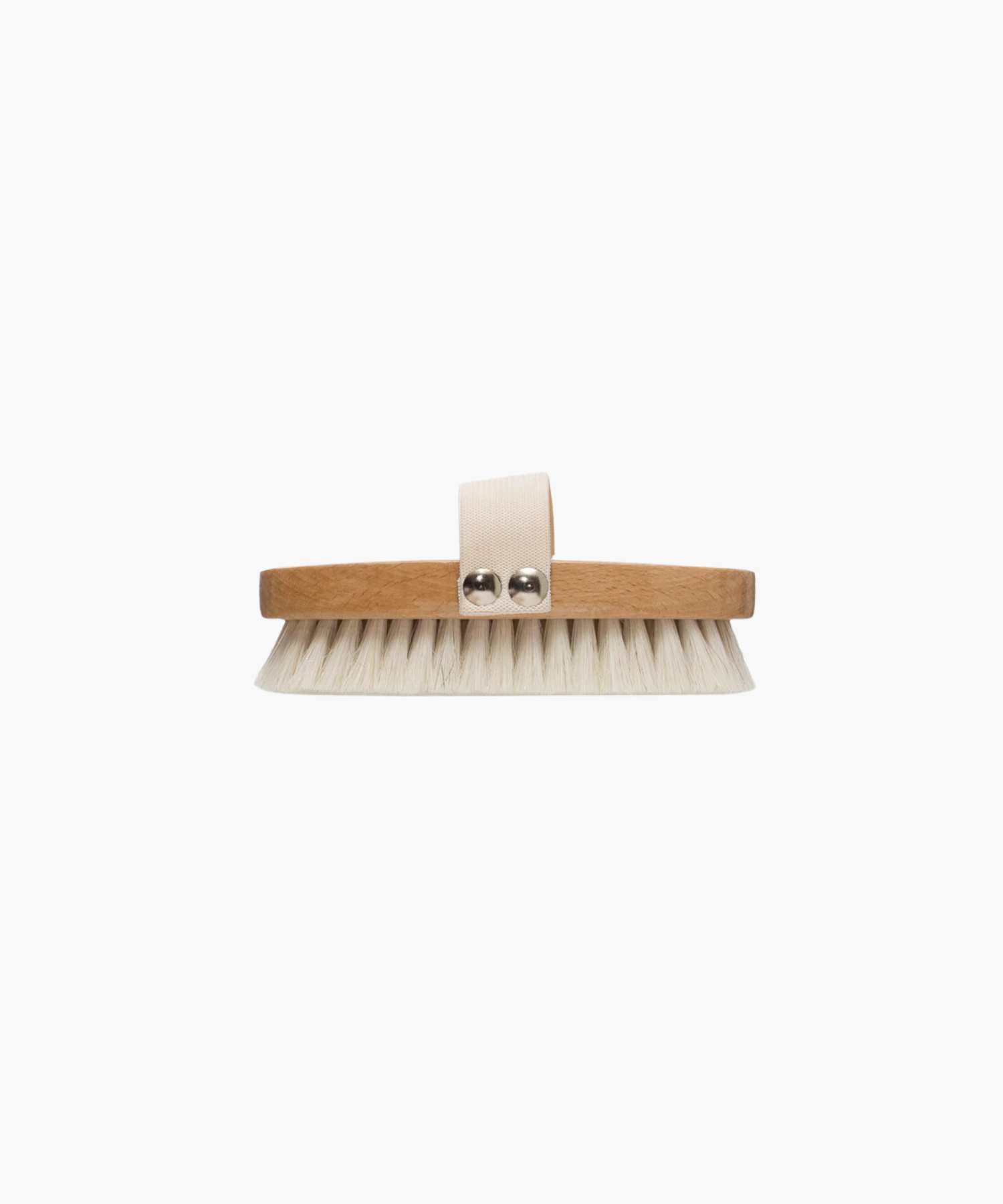 Wooden dry brush with white bristles and a beige fabric strap on top, against a white background. The brush conveys a minimalist, clean aesthetic. | SW Home
