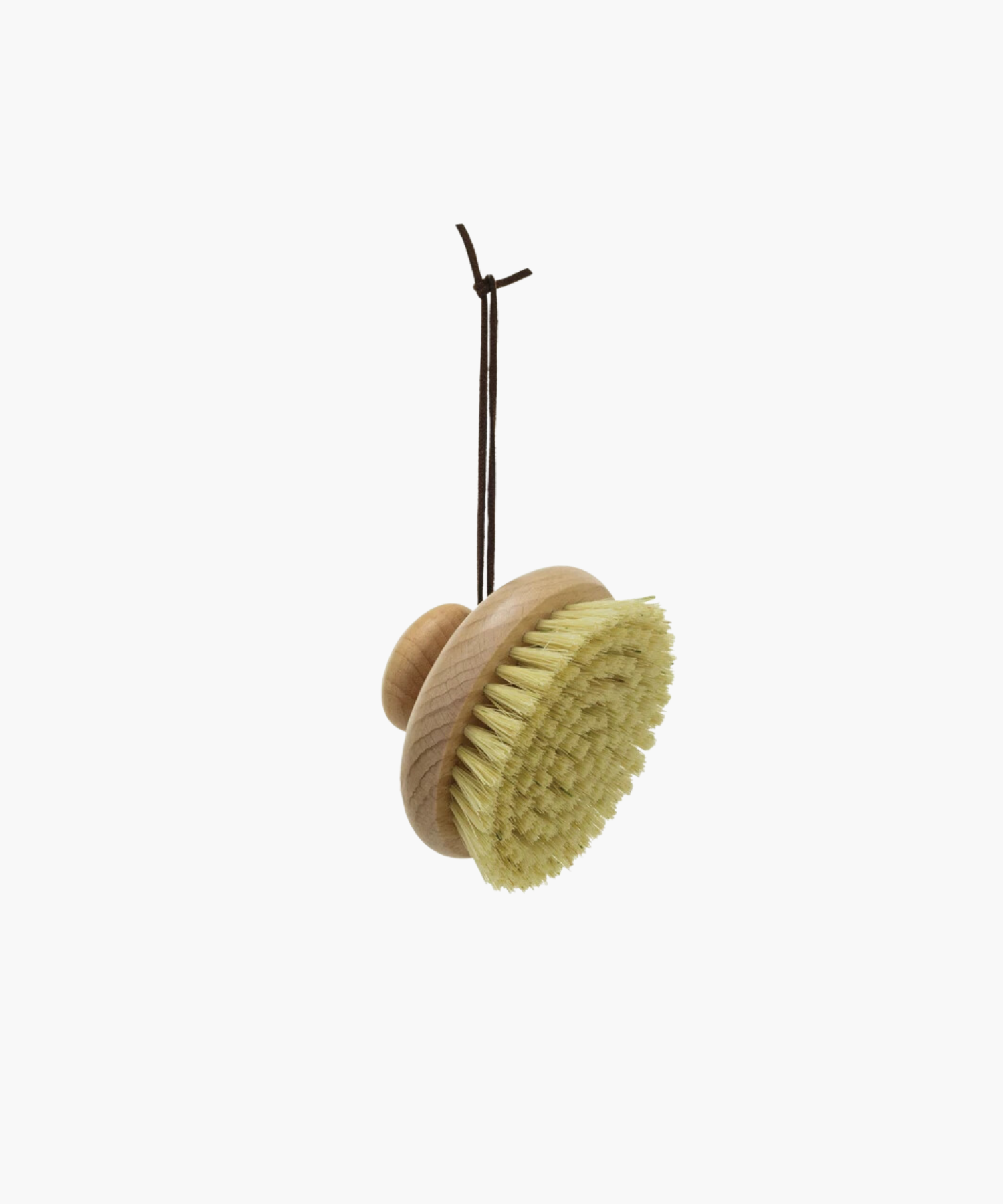 Wooden bath body brush with natural bristles and a round handle, hanging by a brown cord. Clean aesthetic, conveying simplicity and natural care. | SW Home