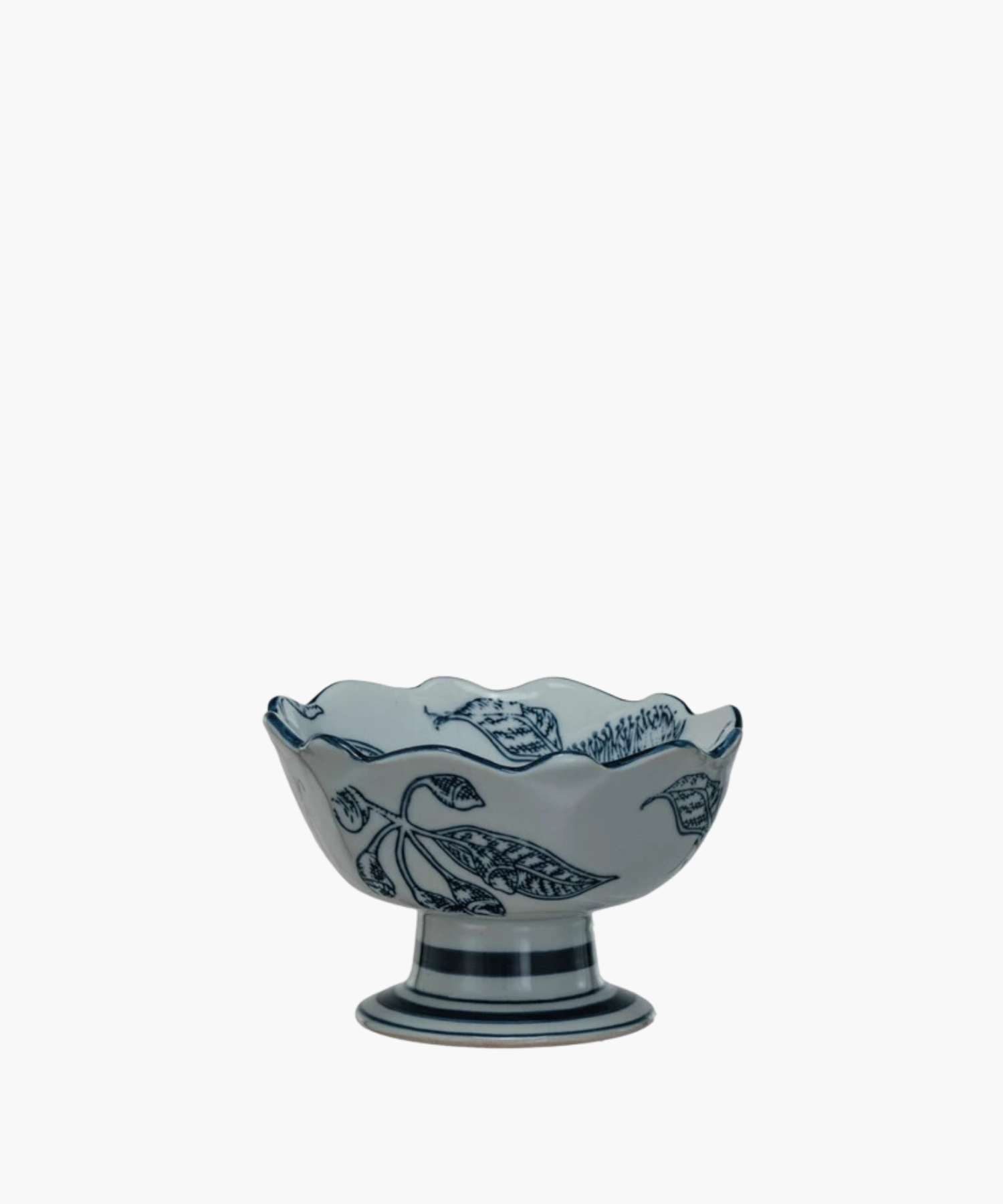 Elegant bowl with a wavy rim, decorated with intricate blue floral designs. The bowl rests on a sturdy pedestal base. | S.W. Home