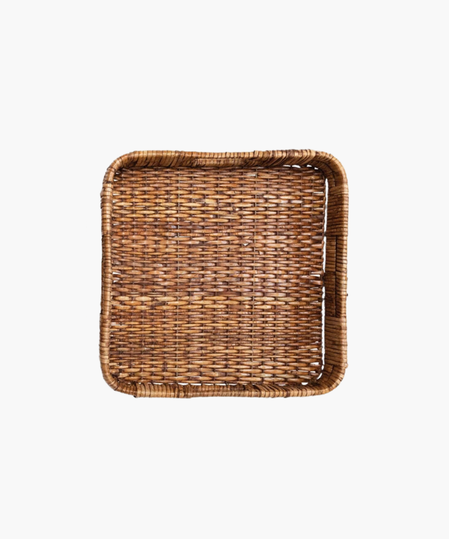 Square rattan tray with rounded edges, woven in a tight pattern. The tray is empty, showcasing natural brown tones and rustic texture. | SW Home
