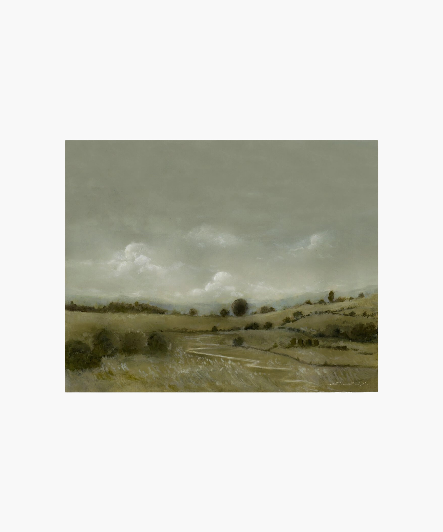A serene landscape painting depicts rolling hills under a cloudy gray sky. The muted green and brown tones evoke a calm, tranquil atmosphere. | Wildwood Home Co.