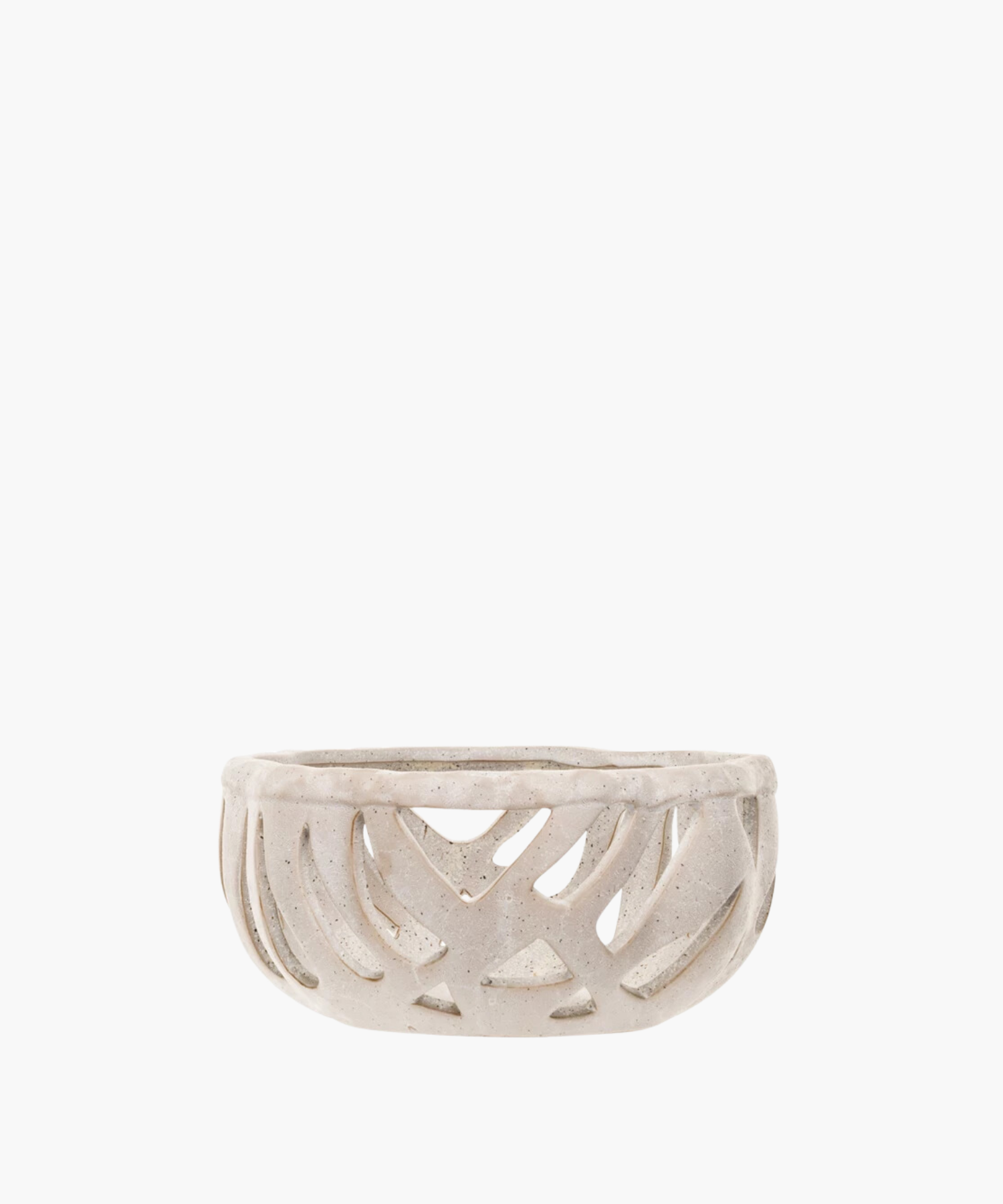 A ceramic bread basket with an off white, speckled finish features an intricate cut-out pattern. The design conveys elegance and modern simplicity. | SW Home