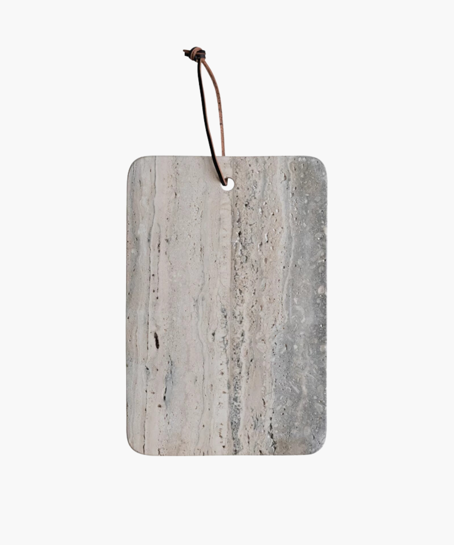 A rectangular travertine cutting board with natural gray and beige veining, featuring rounded corners and a leather strap threaded through a hole at the top. | SW Home