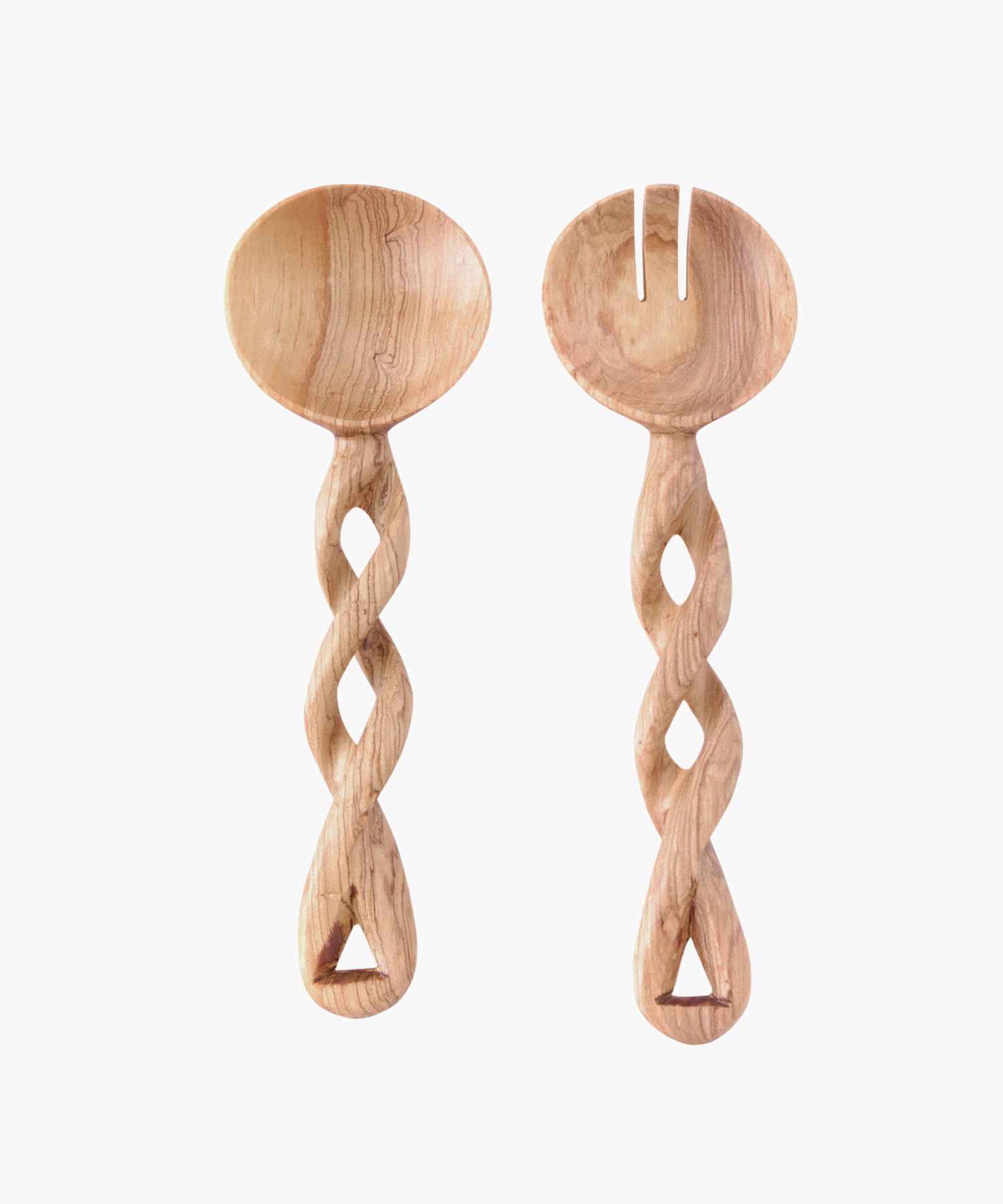 Two intricately carved wooden salad servers with twisted handles on a white background. One is a spoon, the other a fork. Warm, rustic tone. | S.W. Home